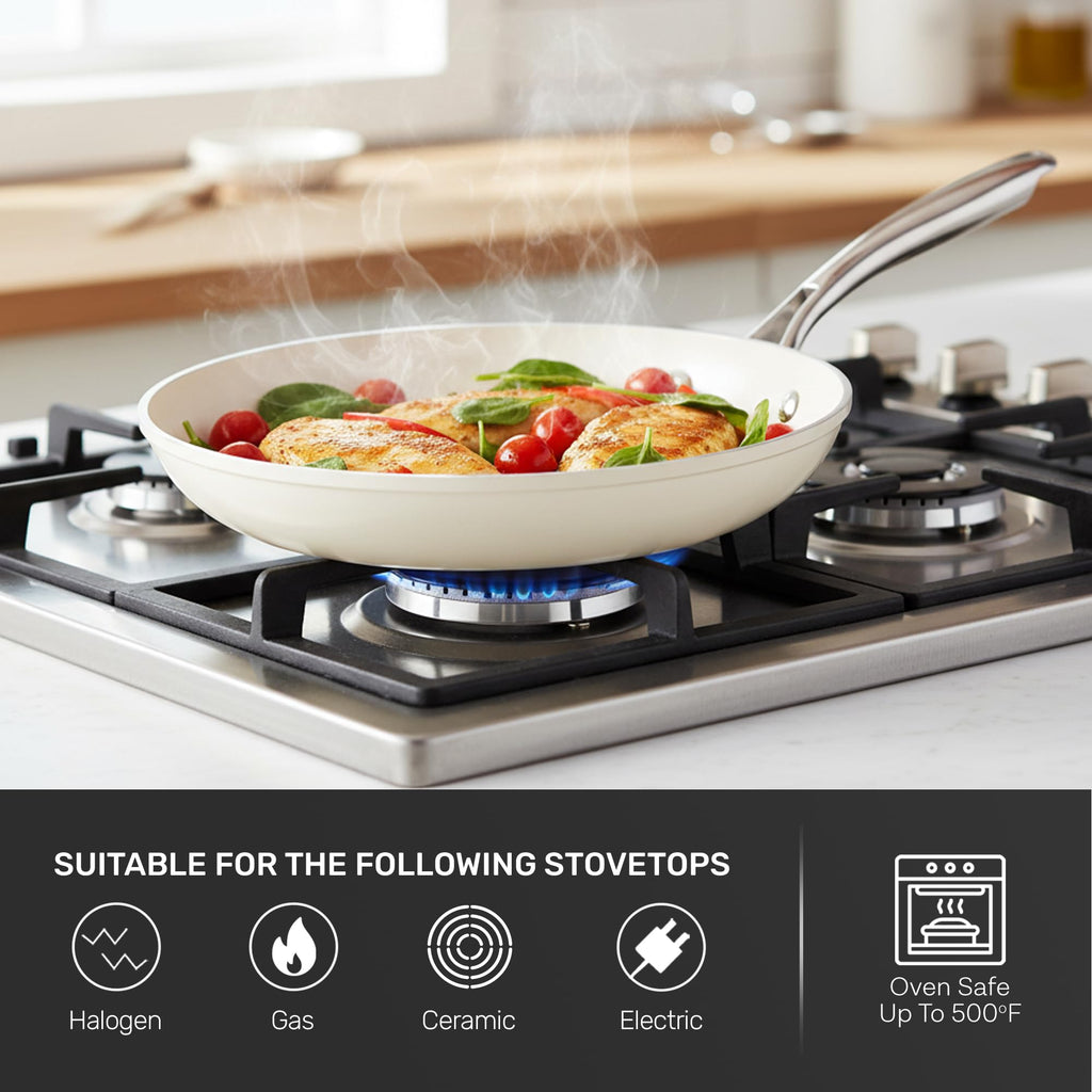 GOTHAM STEEL 10 Inch Ceramic Frying Pan Nonstick Skillet, Diamond Reinforced, PFAS & PFOA Free Non Toxic Aluminum Frying Pan, Oven Safe to 500°F, Induction Compatible, Dishwasher Safe, Cream White