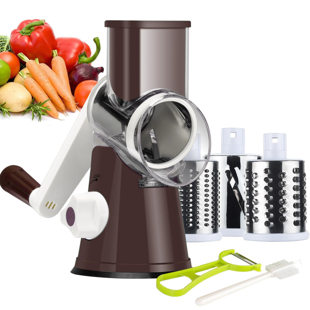 Ourokhome Rotary Cheese Grater Hand Crank, Kitchen Shredder Speed Mandolin Slicer Nut Grinder with Handle and Drum Blades for Cheese, Vegetable, Walnut, Chocolate, Potato, Carrot, 3 Blades, Red