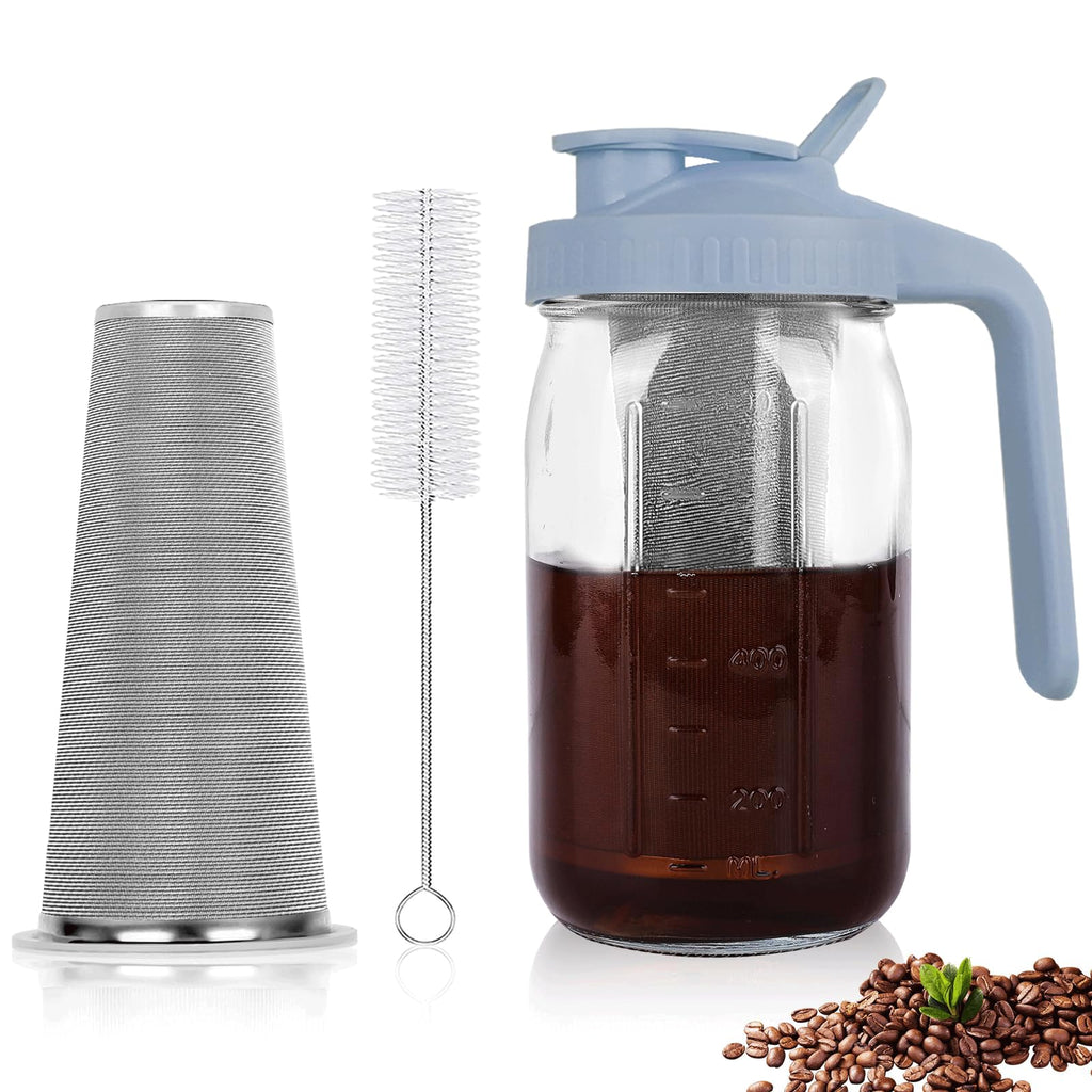QHH Cold Brew Coffee Maker, 64 oz Mason Jar Pitcher with Stainless Steel Filter, Pour Spout Handle Lid, Airtight & Leak-Proof for Iced Coffee,Tea & Lemonade
