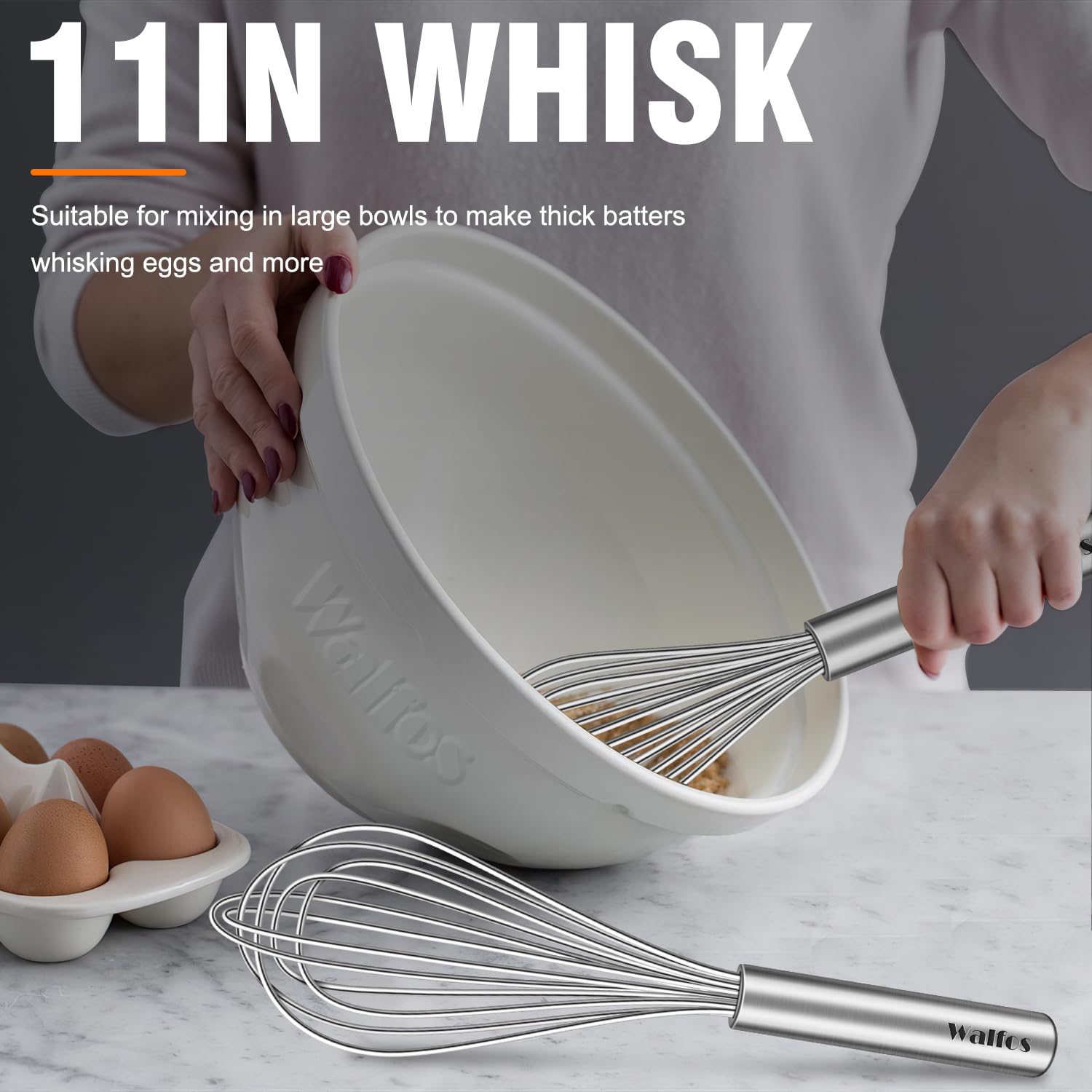 Walfos Whisk,304 Stainless Steel whisk,No-Rust 7+9+11inch Whisks for cooking Nice for Blending,Whisking,Beating.Heat resistant 600°F Dishwasher Safe. Heavy duty kitchen whisk.SILVER