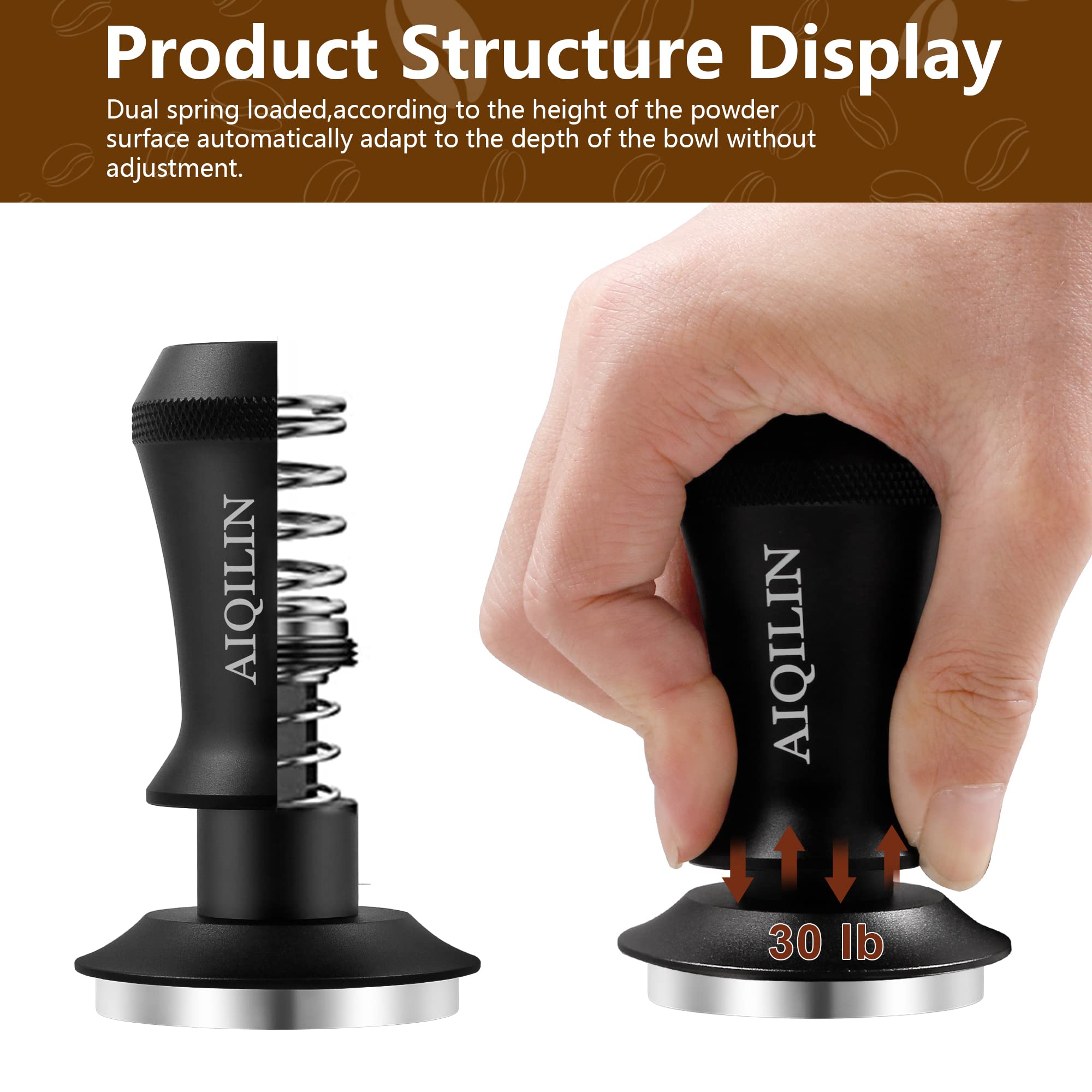 AIQILIN Espresso Tamper, Constant 30lb Coffee Tamper with double Calibrated Spring Loaded, Stainless Steel double spring loaded Coffee Tamper Fits for All Portafilters- Flat Base (58mm, BLACK)