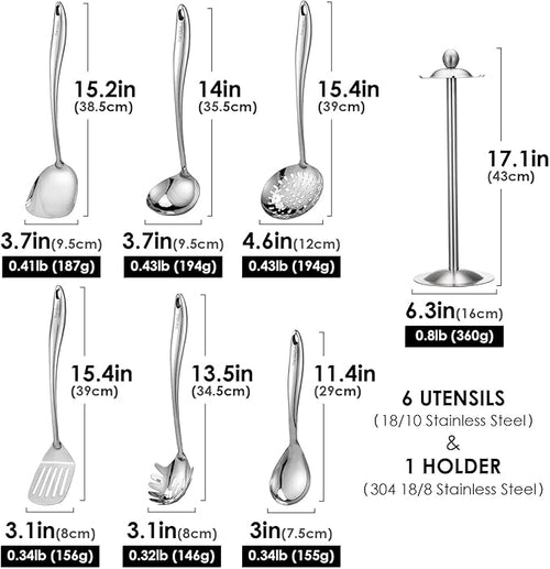 18/10 Stainless Steel Cooking Utensils Set with Holder, 7-Pieces All Metal Kitchen Utensils, 15’’ Long Kitchen Tools with Countertop Rotating Stand, Spatula, Ladle, Skimmer, Tunner, Pasta, Large Spoon