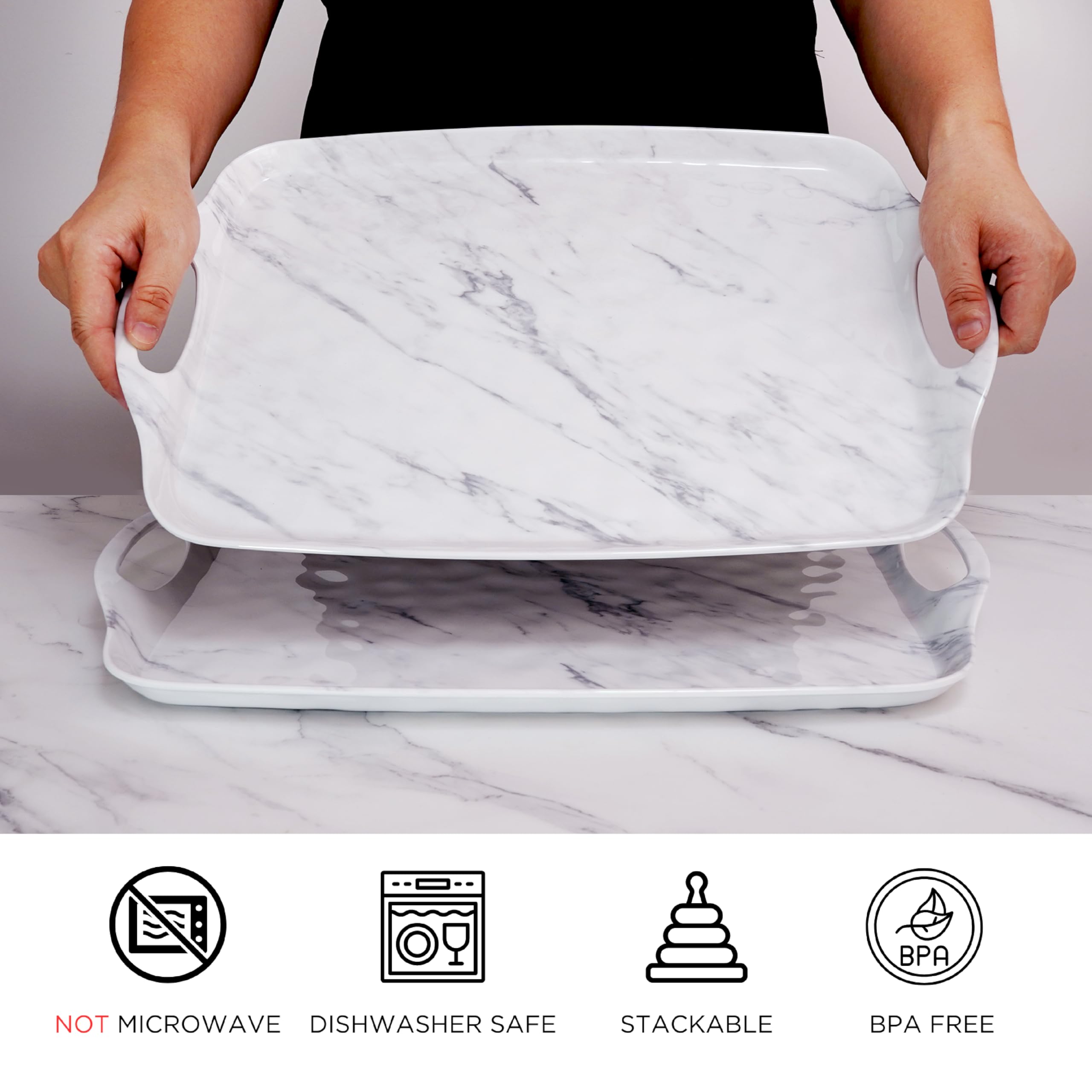 TP Melamine Serving Trays with Handles, 17” x 12”, Set of 2, White Marble