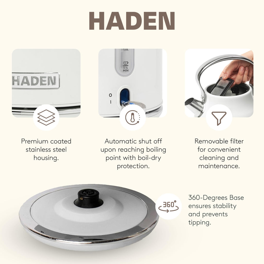 Haden Heritage Stainless Steel Body Retro Electric Tea Kettle, White and Haden Heritage 4 Slice Wide Slot Stainless Steel Retro Toaster, White