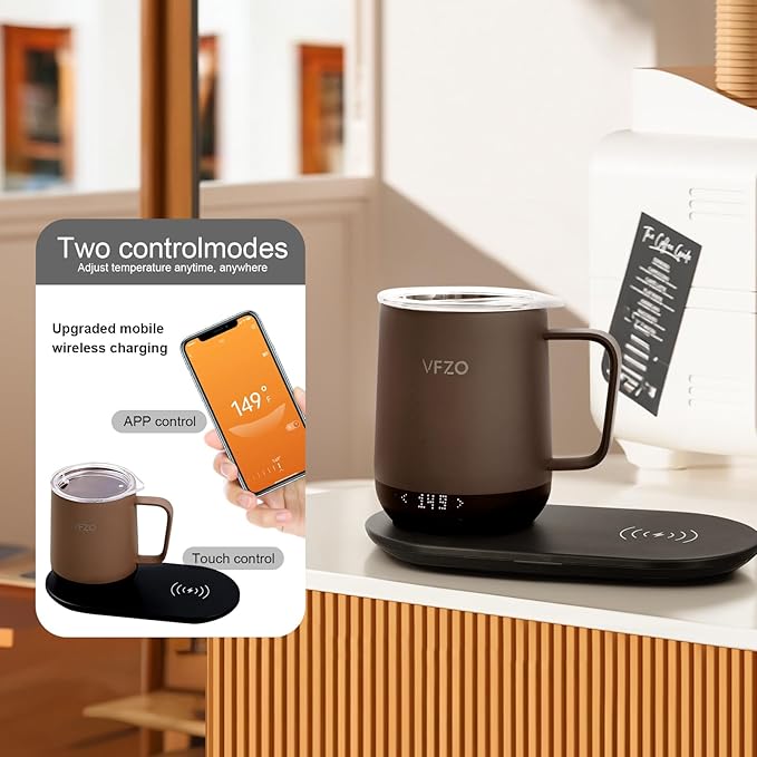 VFZO Temperature Control Smart Mug, Self Heating Coffee Mug LED Display, 180 Min Battery Life - Hot up to 149℉ Fast Wireless Charger Base Improved Design (12oz, Coffee)