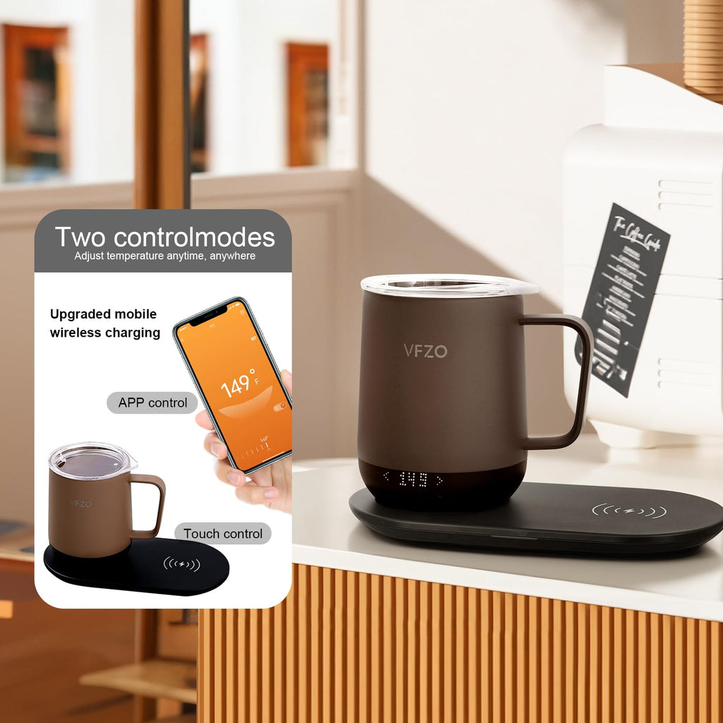 VFZO Temperature Control Smart Mug, Self Heating Coffee Mug LED Display, 180 Min Battery Life - Hot up to 149℉ Fast Wireless Charger Base Improved Design (12oz, Coffee)