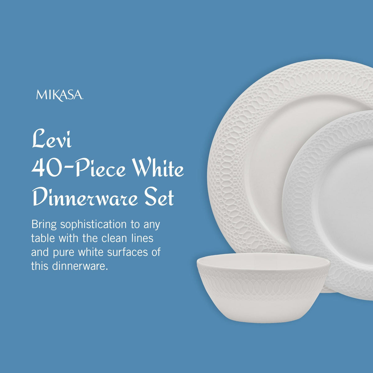 Mikasa Levi 40 Piece Bone China Dinnerware Set, Embossed Plates Bowls, Chip-Resistant, Lightweight, Elegant and Durable, Service for 8, White