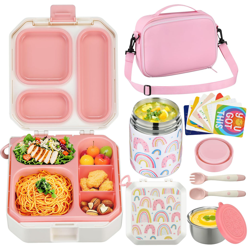 Itslife Bento Lunch Box Set for Kids with 12oz Soup Thermo&Lunch Bag, Leak-Proof Lunch Food Containers for Kids School, 5 Compartment, Sauce Cup, 10 Notes (Grey Dinosaurs)
