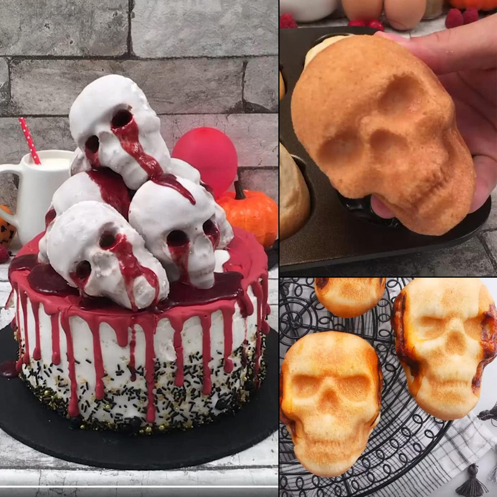 HUAKENER Skull Cake Pan - 2 Pack, 6 Cavity Skull Cake Molds for Mini Cakes, Chocolate Bomb, Pudding, Halloween Baking