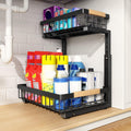 PXRACK Under Sink Organizer, Adjustable Height, 2 Tier Pull Out Under Cabinet Organizer, Slide Out Thickened Metal Under Sink Storage for Kitchen Bathroom Laundry Pantry Cabinet, Black, Large-1-Pack