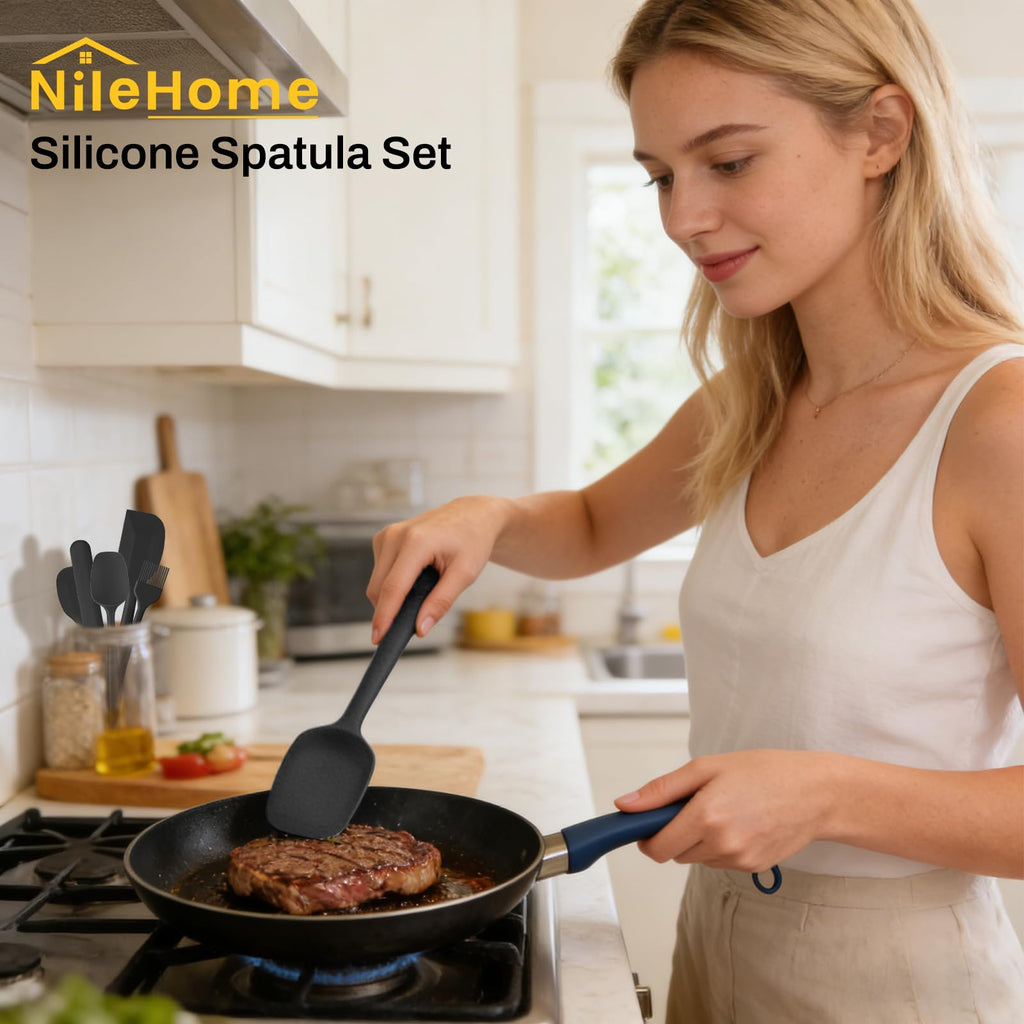 NileHome Silicone Spatula Set, 6 Pieces Food Grade Kitchen Utensils with Silicone Brush Heat Resistant Up to 600°F Dishwasher Safe BPA-Free Rubber Spatula for Scraping, Baking, Cooking, Mixing-Black