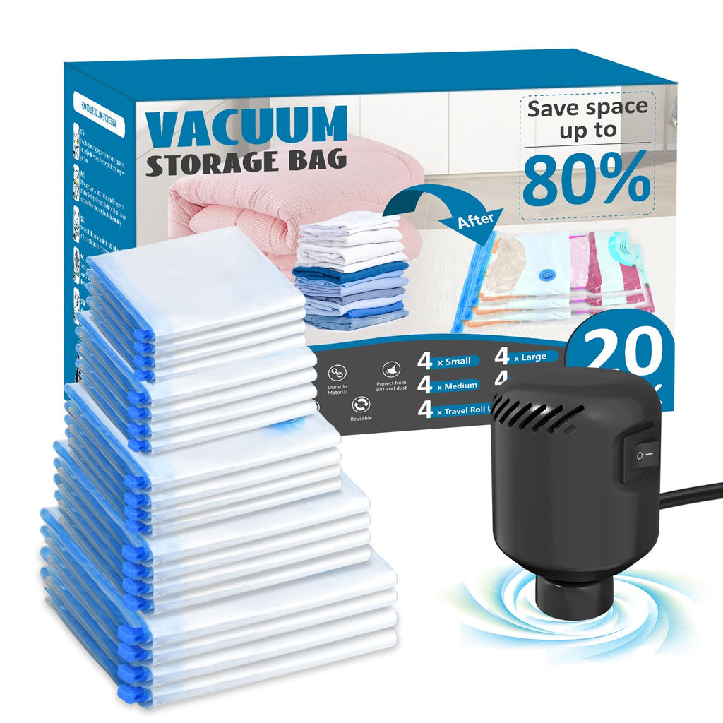 kissleaf 20 Pack Vacuum Seal Bags for Clothing with Electric Air Pump, Space Saver Vacuum Storage Bag for Clothes, Mattress, Blanket, Duvets, Pillows(4 Jumbo/4 Large/4 Medium/4 Small/4 Roll Up Bags)