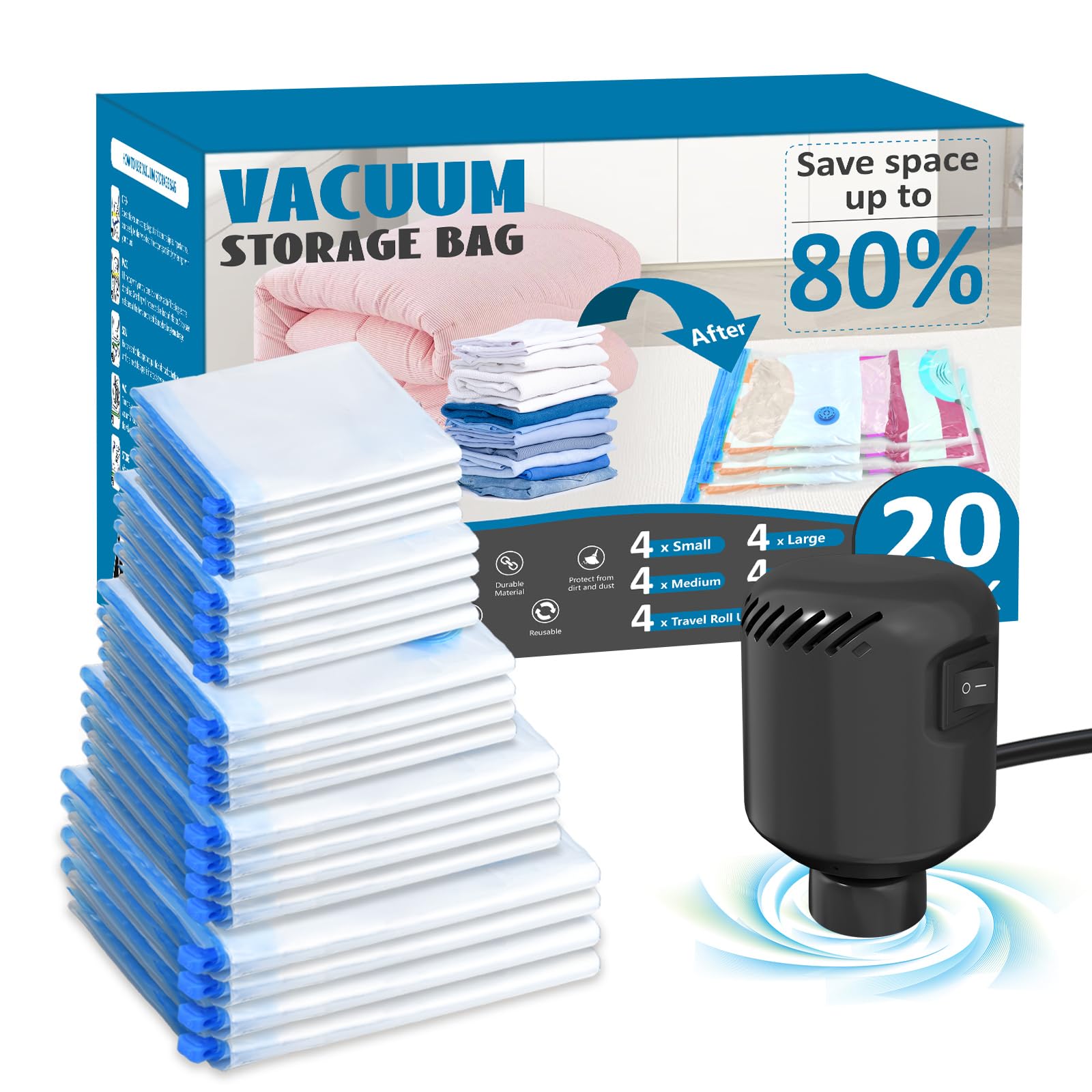 kissleaf 20 Pack Vacuum Seal Bags for Clothing with Electric Air Pump, Space Saver Vacuum Storage Bag for Clothes, Mattress, Blanket, Duvets, Pillows(4 Jumbo/4 Large/4 Medium/4 Small/4 Roll Up Bags)