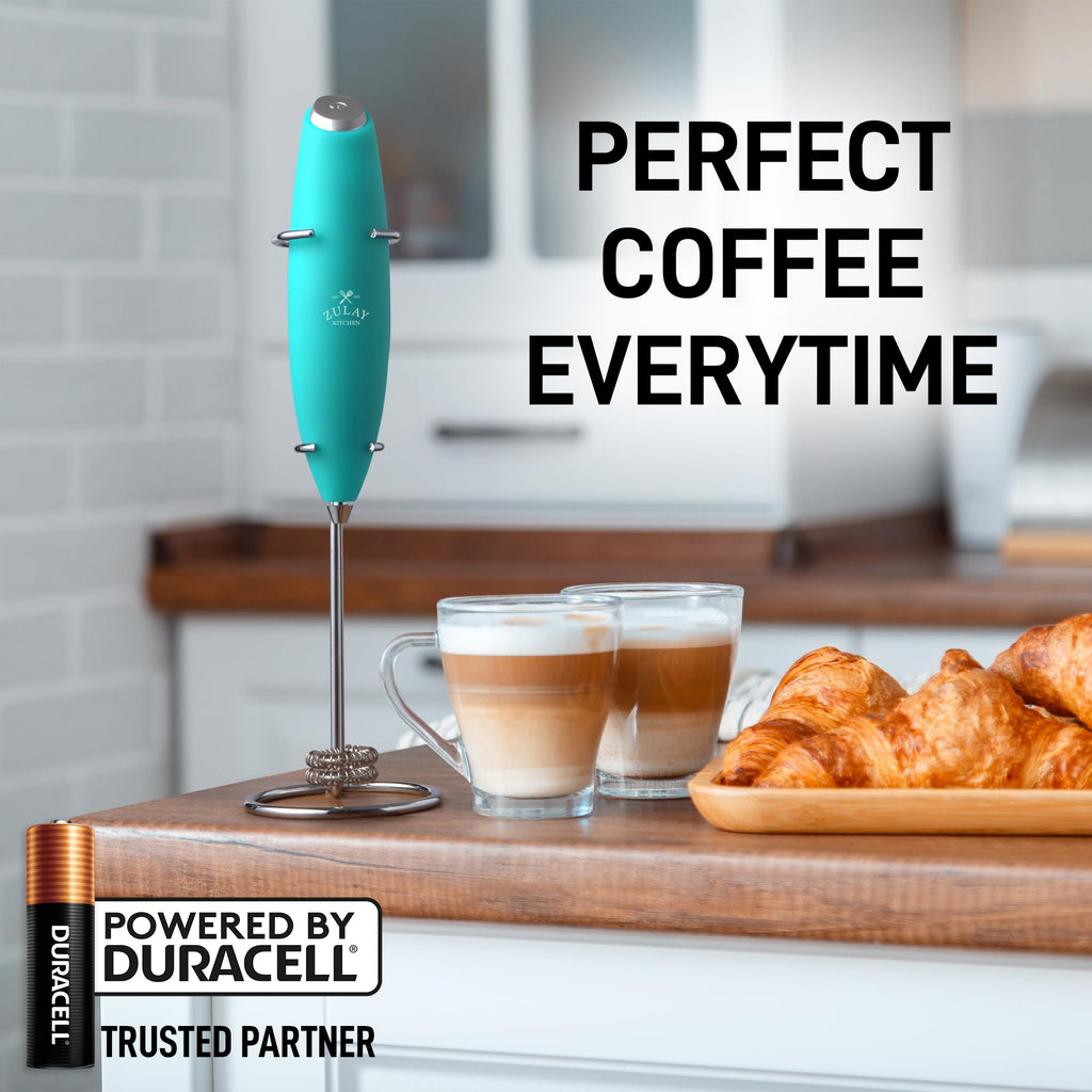 Zulay Kitchen Powerful Milk Frother Wand With Duracell Batteries - Ultra Fast Handheld Drink Mixer - Electric Whisk Foam Maker for Coffee, Lattes, Cappuccino & Matcha - Double Whisk - Caribbean Aqua