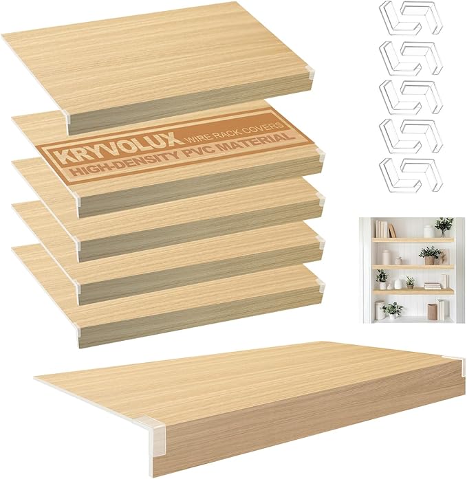 5 Pcs Wire Rack Covers 36x12x3 inch PVC Pantry Shelf Cover 0.31 inch Thick Removable Closet Wire Rack Shelf Covers,Decoration Kitchen Bathroom Office Shelving (Wood Color,36x12x3 inch)