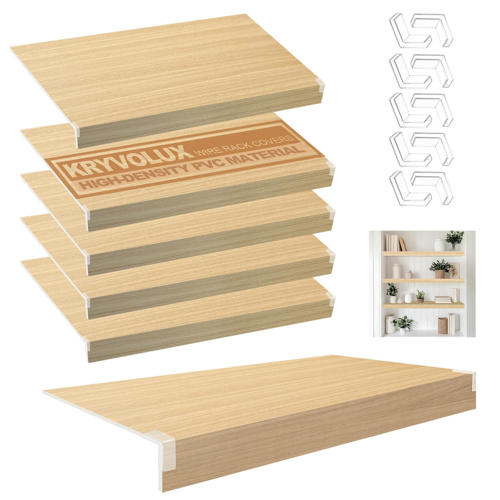 5 Pcs Wire Rack Covers 16x9x3 inch PVC Pantry Shelf Cover 0.31 inch Thick Removable Closet Wire Rack Shelf Covers,Decoration Kitchen Bathroom Office Shelving (Wood Color,16x9x3 inch)