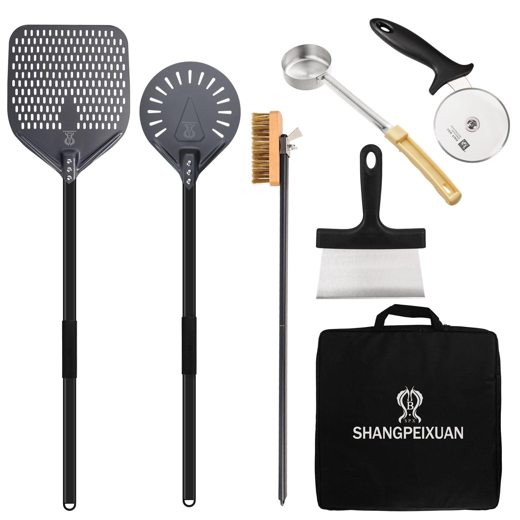 SHANGPEIXUAN 12-inch Hard Anodized Aluminum Pizza Spatula，Set Of 6 Commercial Pizza Oven Utensils, pizza Peel for Indoor & Outdoor Pizza Ovens, Pizza Oven Accessories