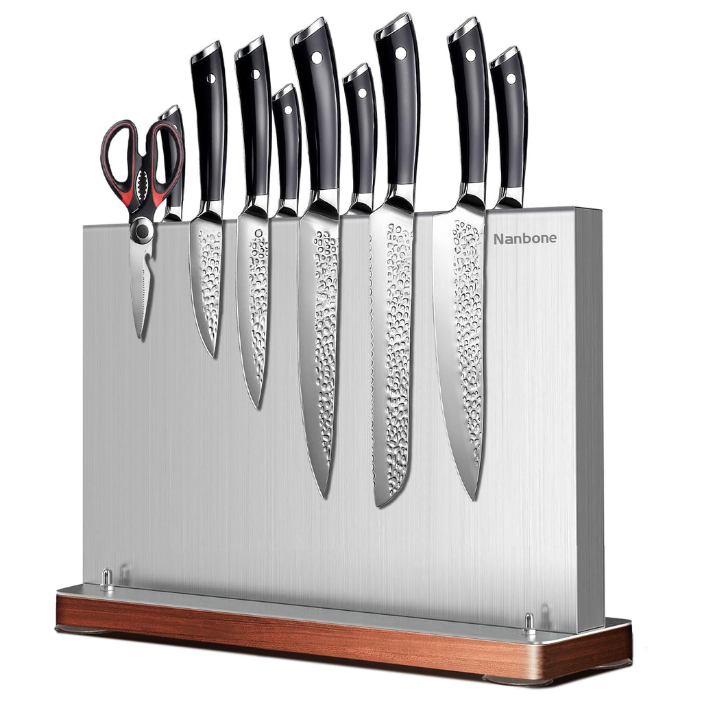 Nanbone Magnetic Knife Block Without Knives Large Double Side Magnetic Knife Holder Stand with Strong Magnet, Stainless Steel Knife Storage Organizer for Kitchen Counter Knife Rack Three Magnet Strip