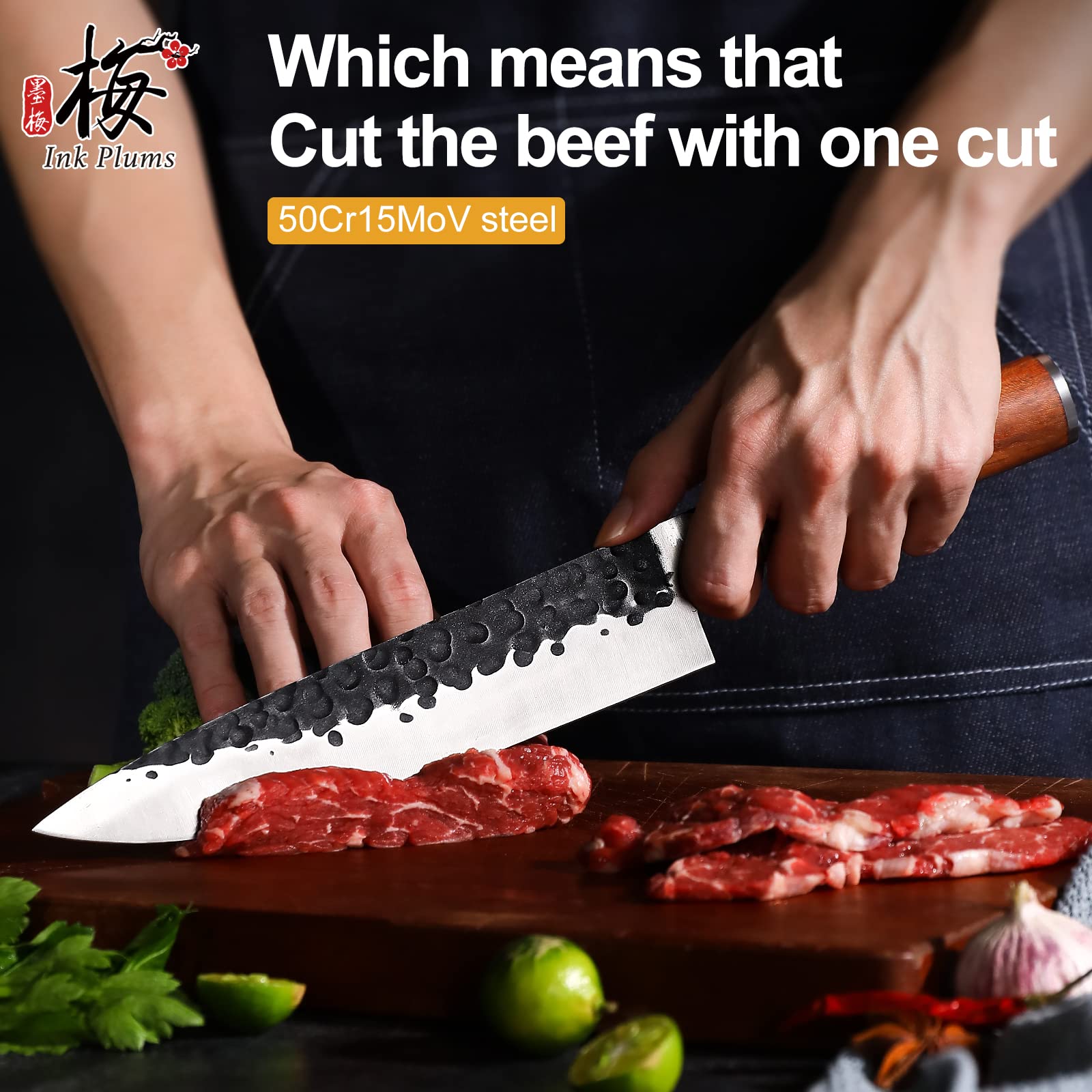 Ink Plums 8 inch Kitchen Chef's Knife, German High Carbon Stainless Steel Sharp Knife, Professional Meat Knife with Brazilian Rosewood Handle and Gift Box for Family & Restaurant