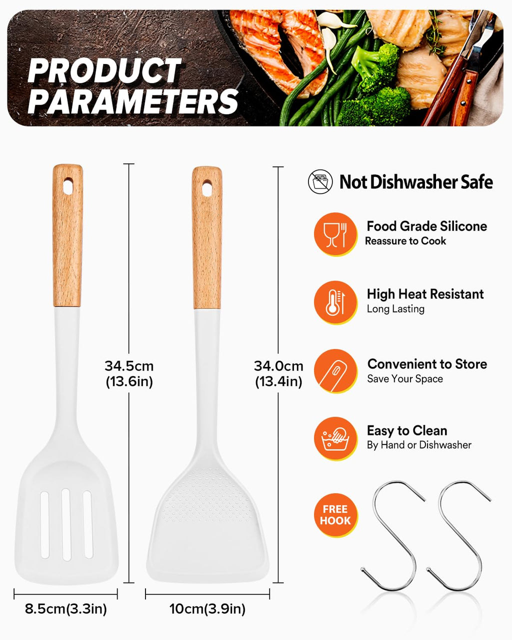 Silicone Wok Spatula Turner Set, Perfect for Scooping, Flipping, Lifting Pancakes and Picking up Veggies, BPA-Free Matte Silicone, Wooden Handles, Safe for Nonstick Cooking Surfaces (White)