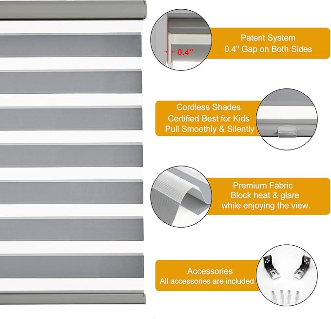 Persilux Cordless Zebra Blinds for Windows Free-Stop Roller Shades (33" W X 64" H, Grey) Dual Layer Light Cintrol for Day and Night, Light Filtering Sheer Shades for Home, Easy to Install