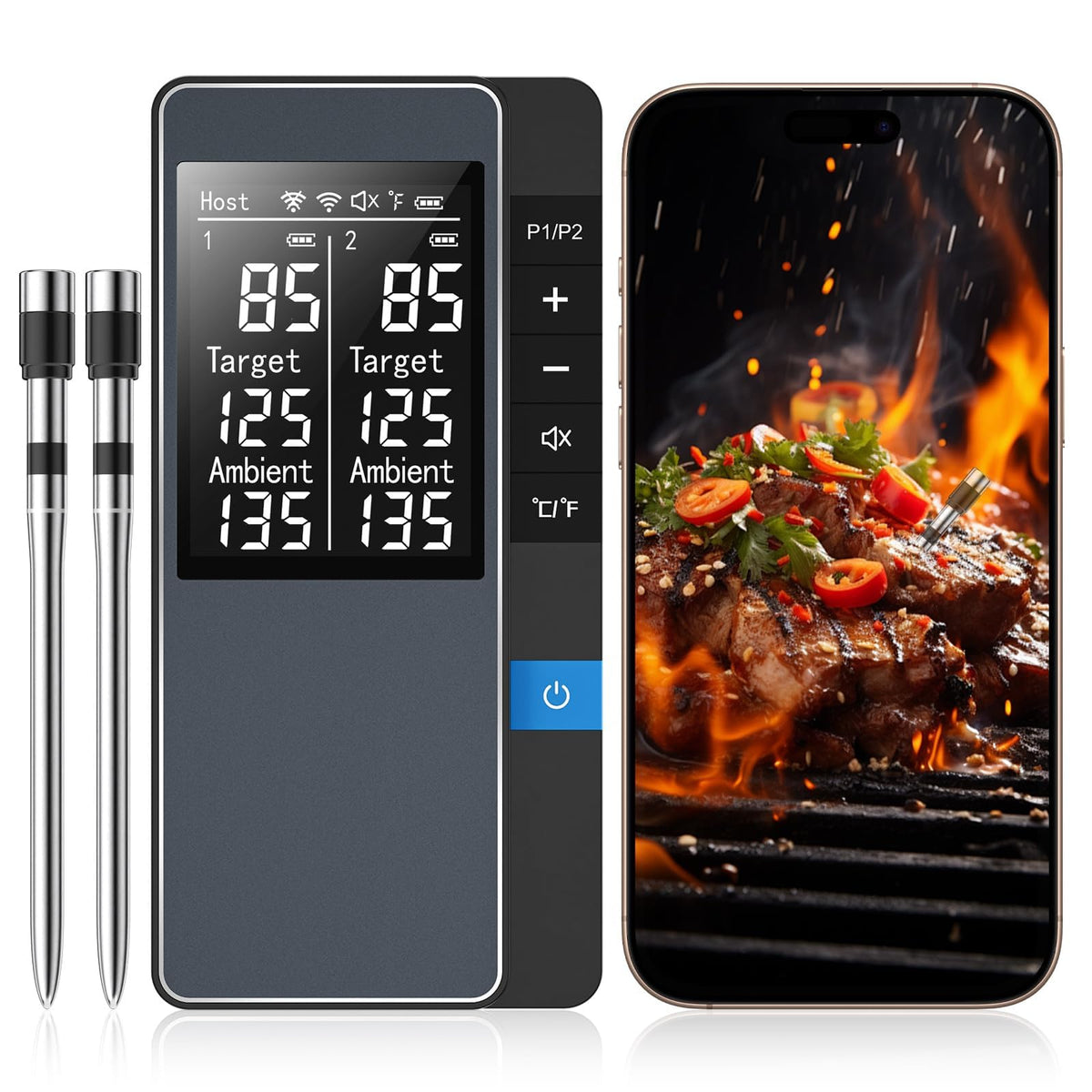 Smart Bluetooth Wireless Meat Thermometer, Digital Smart Base, 2 Probes