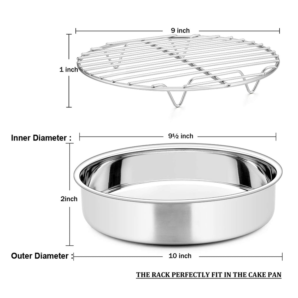 E-far 9½-inch Cake Pan with Rack Set, Stainless Steel Round Cake Pans and Baking Cooling Racks, Non Toxic & Healthy, Mirror Polished & Dishwasher Safe - 4 Pieces (2 Pans + 2 Racks)