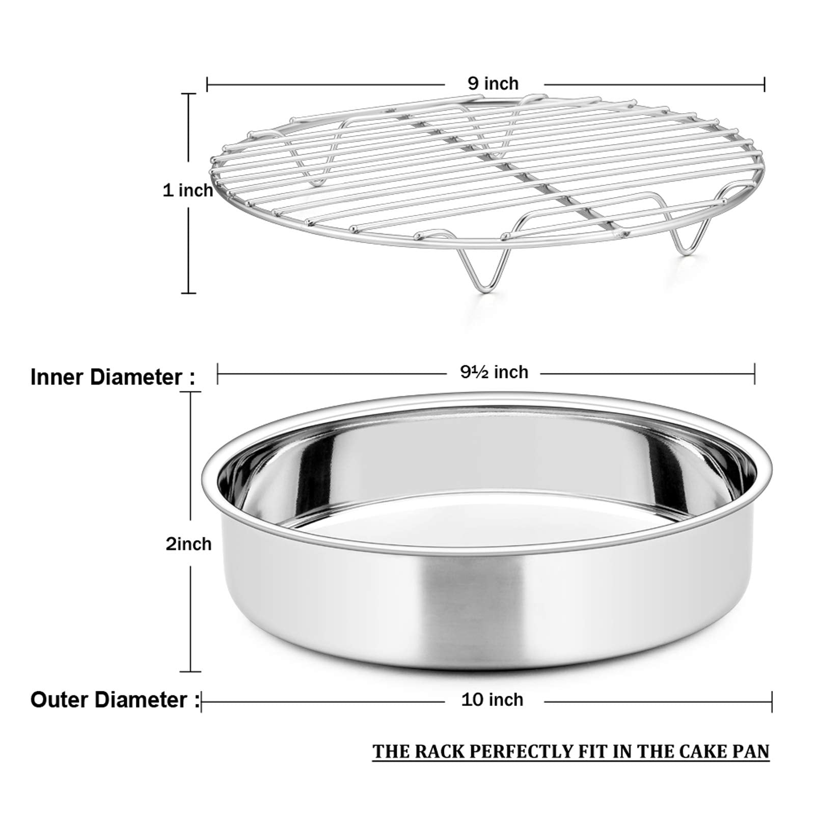 E-far 9½-inch Cake Pan with Rack Set, Stainless Steel Round Cake Pans and Baking Cooling Racks, Non Toxic & Healthy, Mirror Polished & Dishwasher Safe - 4 Pieces (2 Pans + 2 Racks)