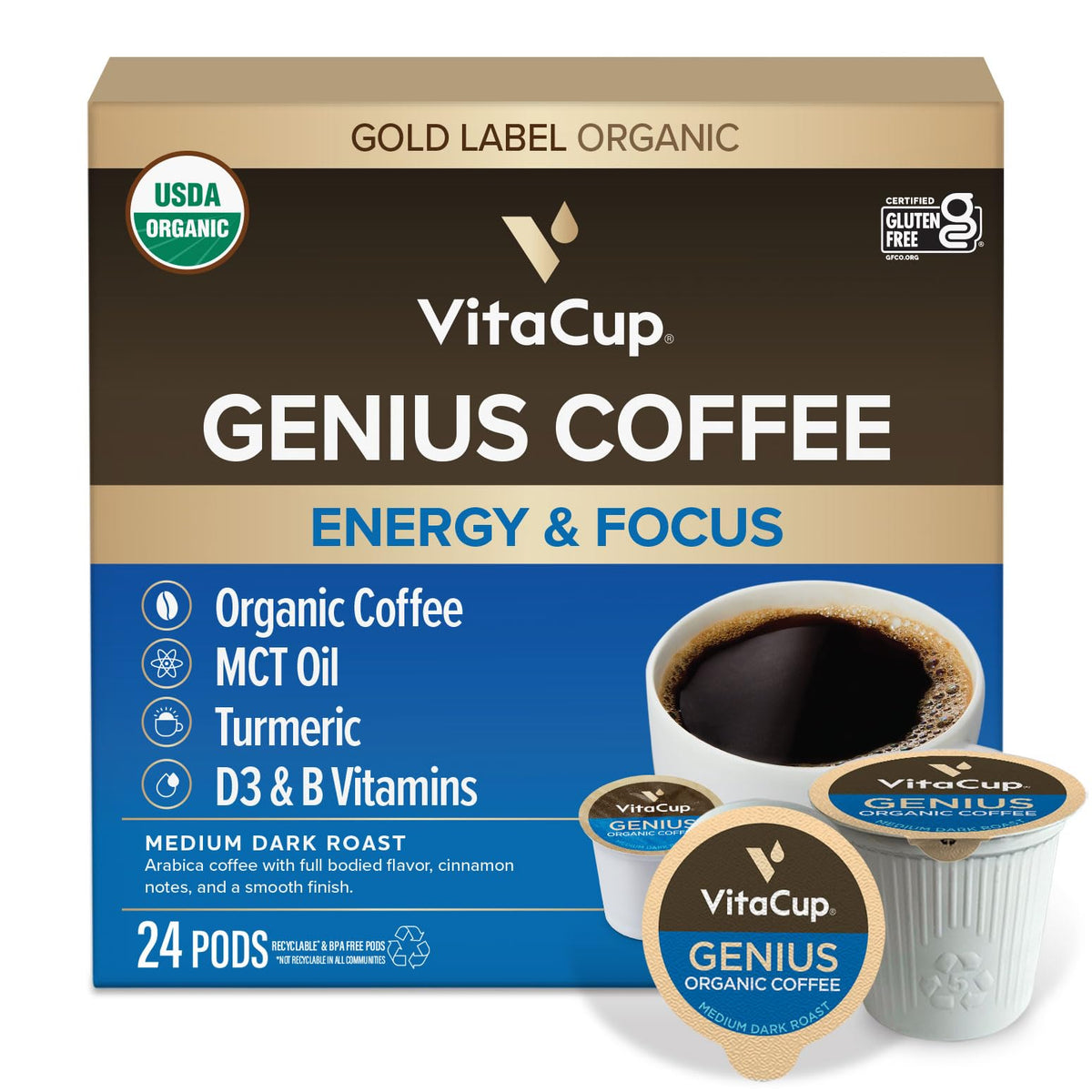 VitaCup Mushroom Coffee Pods, with Lions Mane for Memory & Clarity, 16ct