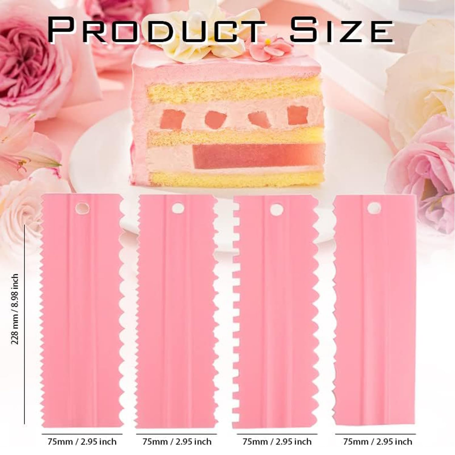 CEWIFO Cake Scrapers Set Pink Decorating Comb and Icing Smoother, Plastic Sawtooth Scraper Polisher Butter Mousse Cream Cake Edge DIY Tool -8 Design Textures (Pink)