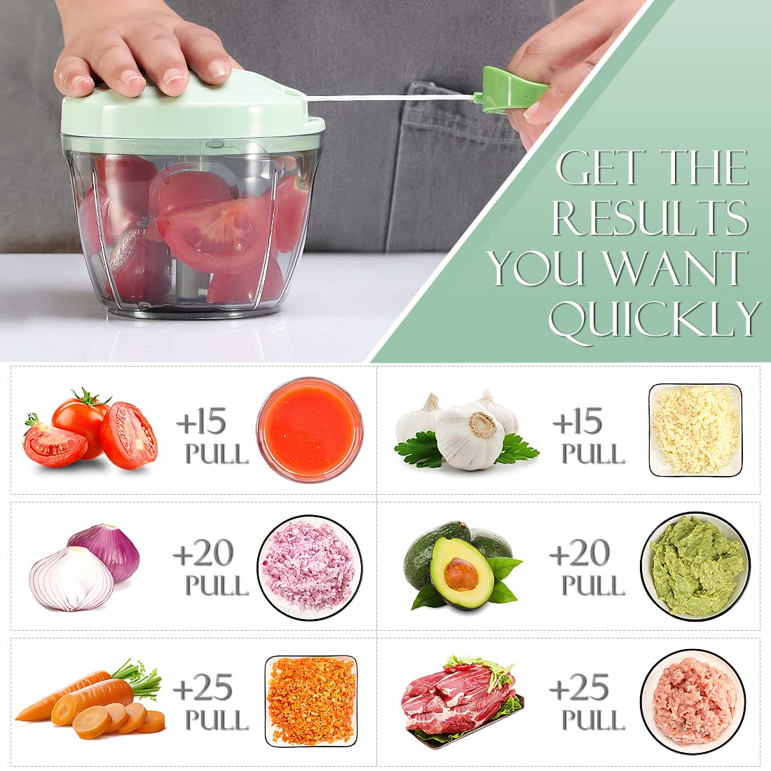 Ourokhome Manual Food Processor Vegetable Chopper, Portable Hand Pull String Garlic Mincer Onion Cutter for Veggies, Ginger, Fruits, Nuts, Herbs, etc., 650ml, Green