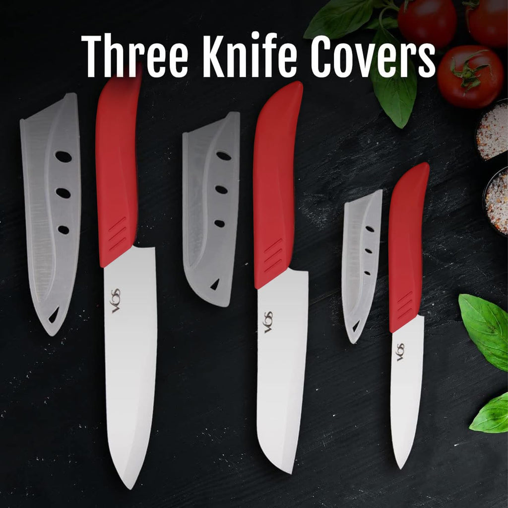 Vos Ceramic Knife Set in Elegant Gift Box, Ceramic Knives Set For Kitchen, Ultra Sharp Kitchen Knife Set with Covers, 4" 5" 6" Paring, Santoku & Chef Knife, Lightweight, Dishwasher safe (Red Handle)