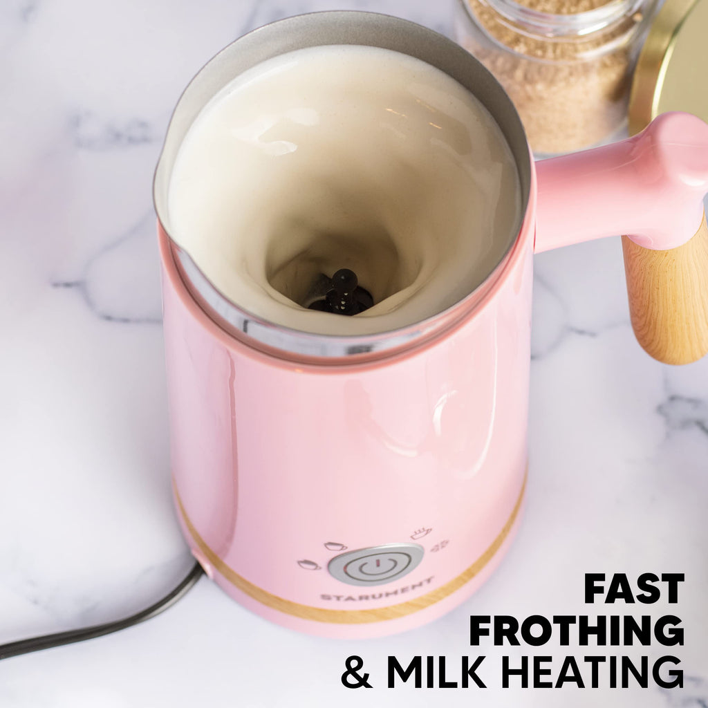 Starument Electric Milk Frother - Automatic Foamer & Heater for Coffee, Latte, Cappuccino, Other Creamy Drinks 4 Settings Cold Foam, Airy Dense Foam Warm Easy to Use, Pink, 8x4x5 inches (MS-MF)