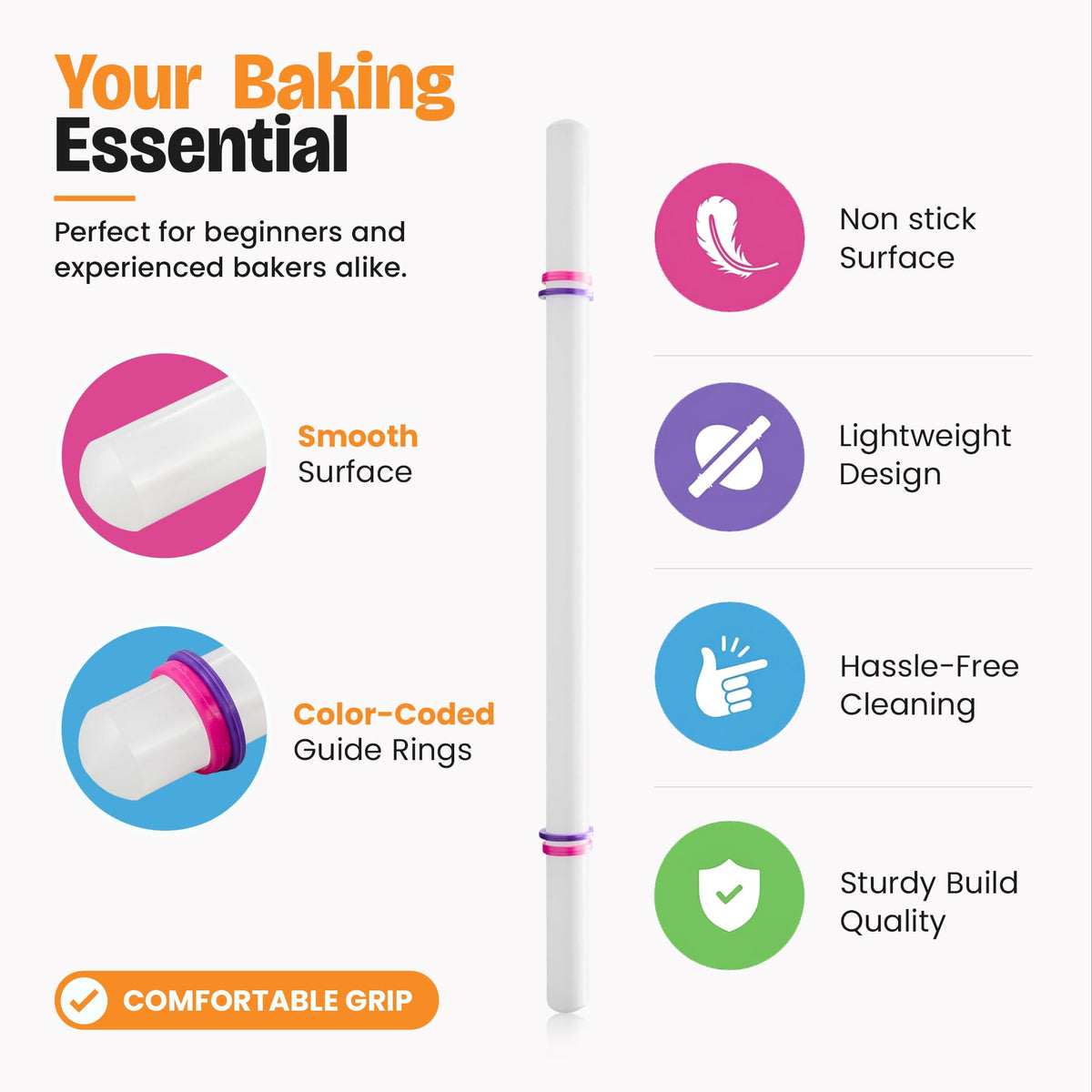 Bakerpan Fondant Roller Set - 3 Rolling Pins with Thickness Guide Rings