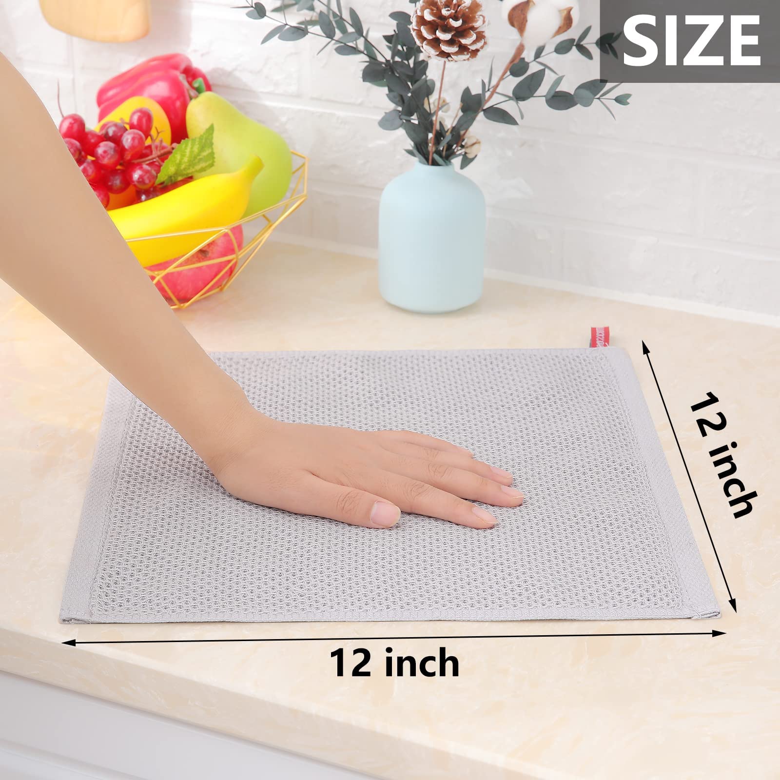 Homaxy 100% Cotton Waffle Weave Kitchen Dish Cloths, Ultra Soft Absorbent Quick Drying Dish Towels, 12 x 12 Inches, 8-Pack, Light Gray