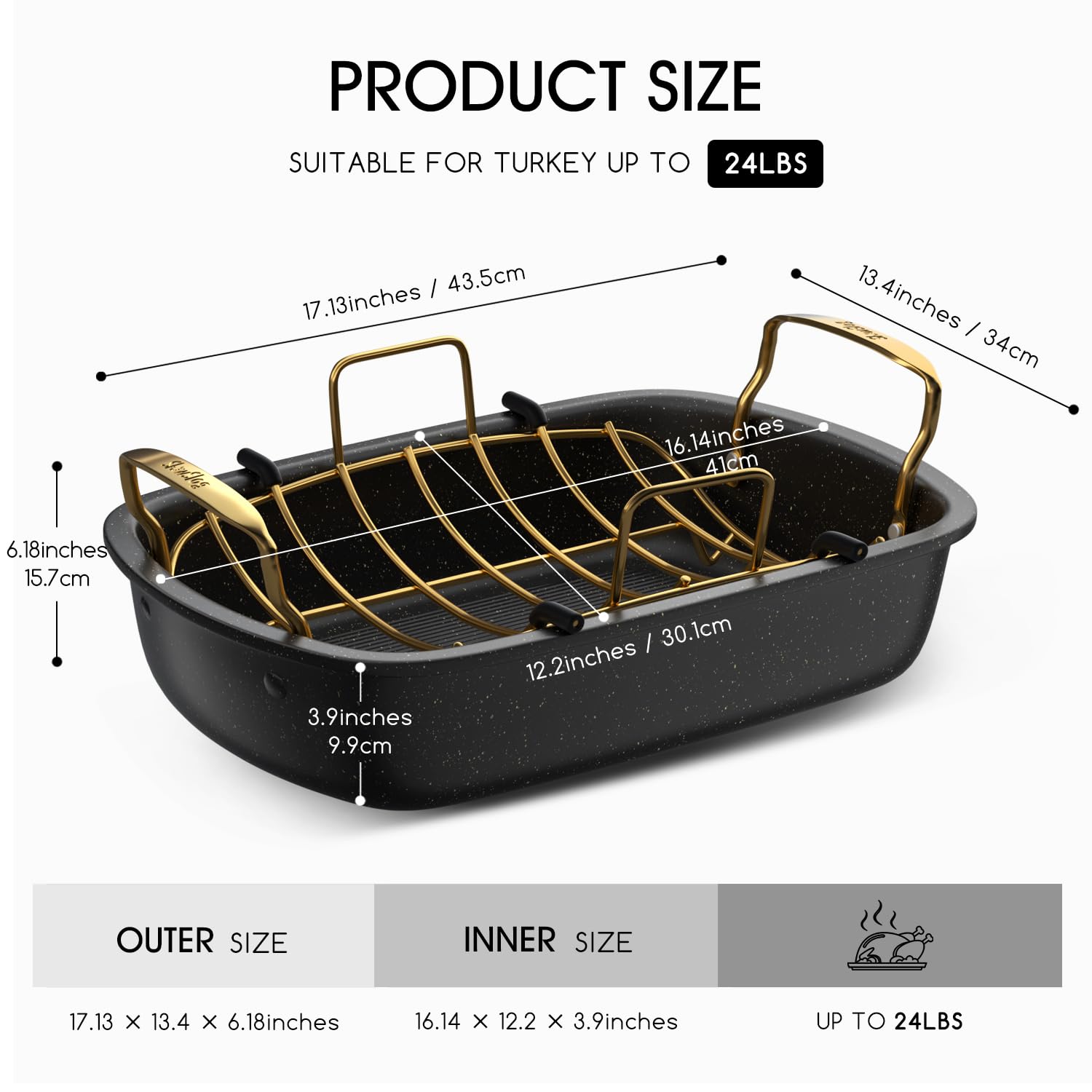 Nonstick Roasting Pan with Rack, 17" x 13" Large Turkey Roaster Pan, Oven Roasting Pan, Roaster Pan for Turkey, Chicken, Vegetable, Gold & Black