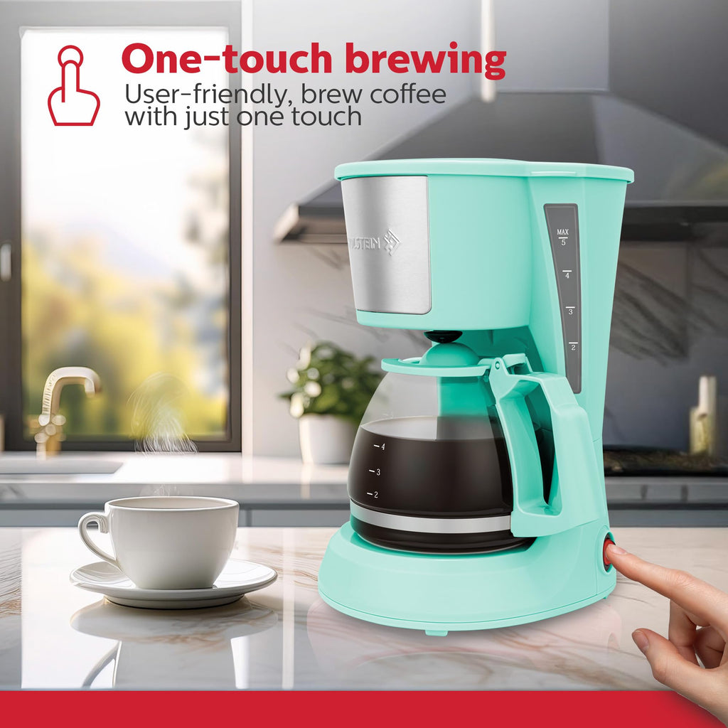Holstein Housewares 5 Cup Drip Coffee Maker – Compact and User-Friendly with Auto Pause & Serve, Reusable Filter, Measuring Spoon & Glass Carafe, Office & Dorm Use, Mint