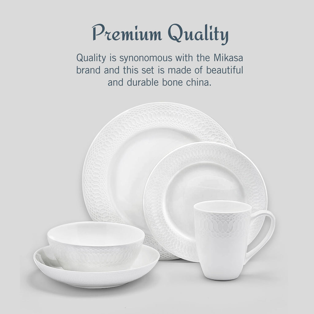 Mikasa Levi 40 Piece Bone China Dinnerware Set, Embossed Plates Bowls, Chip-Resistant, Lightweight, Elegant and Durable, Service for 8, White