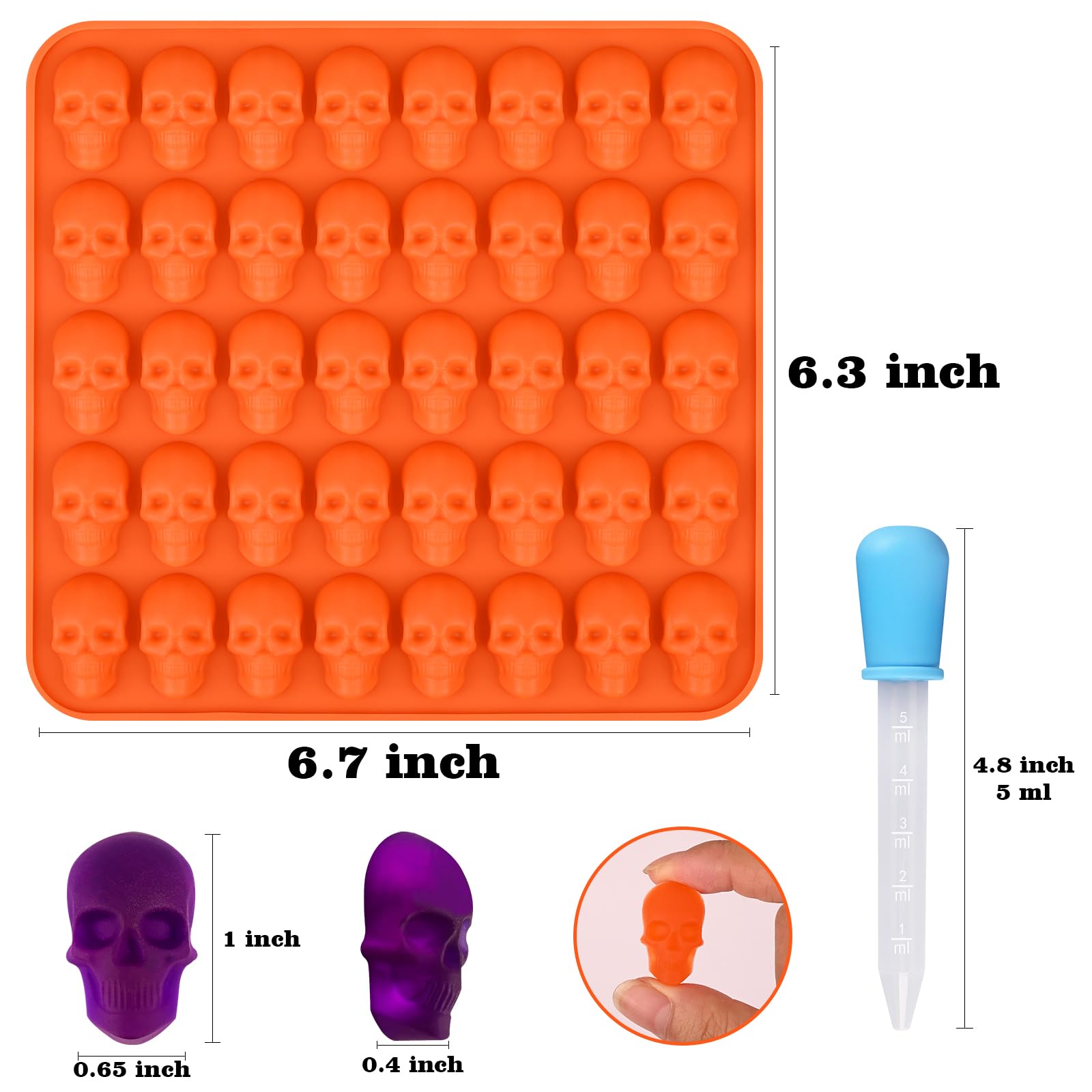 Sakolla 2 Pack Gummy Skull Candy Silicone Molds 40 Cavity Silicone Skull Molds with 2 Droppers for Halloween Chocolate, Candy,Jelly, Wax Melt, Dog Treats, Ice Cube