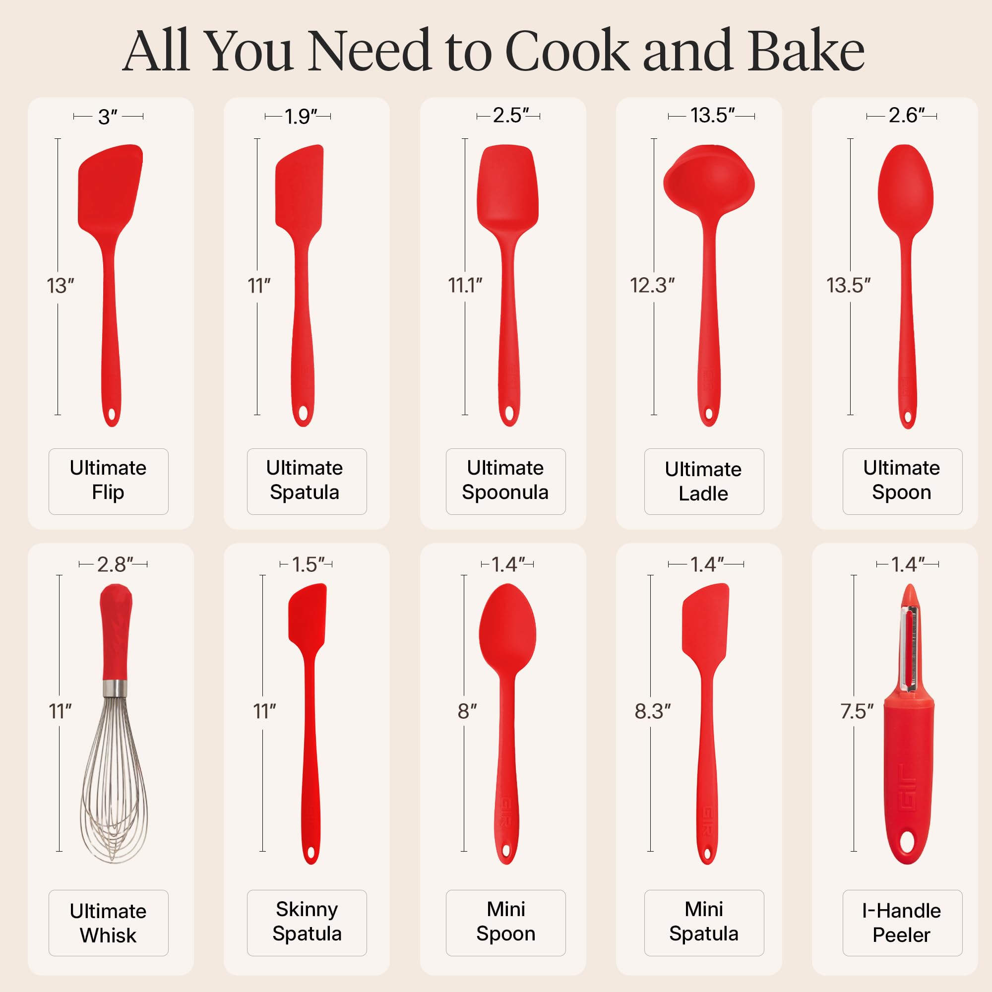 GIR: Get It Right 10-Piece Silicone Ultimate Kitchen Utensil Set – Spatulas, Ladle, Flip, Spoons, Whisk, Peeler & Spoonula – Nonstick, Non-Toxic, Heat-Resistant – Red
