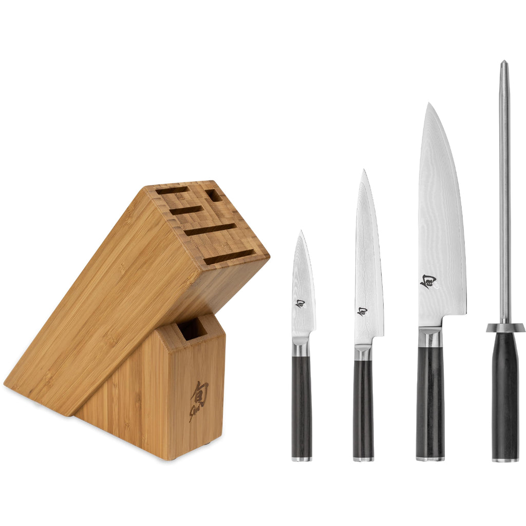 Shun Classic 3 Piece Build-A-Block Set, Includes 8" Chef's Knife, Honing Steel and Block, Handcrafted Japanese Knife Set, Damascus Stainless Steel Cladding, Pakkawood Handle