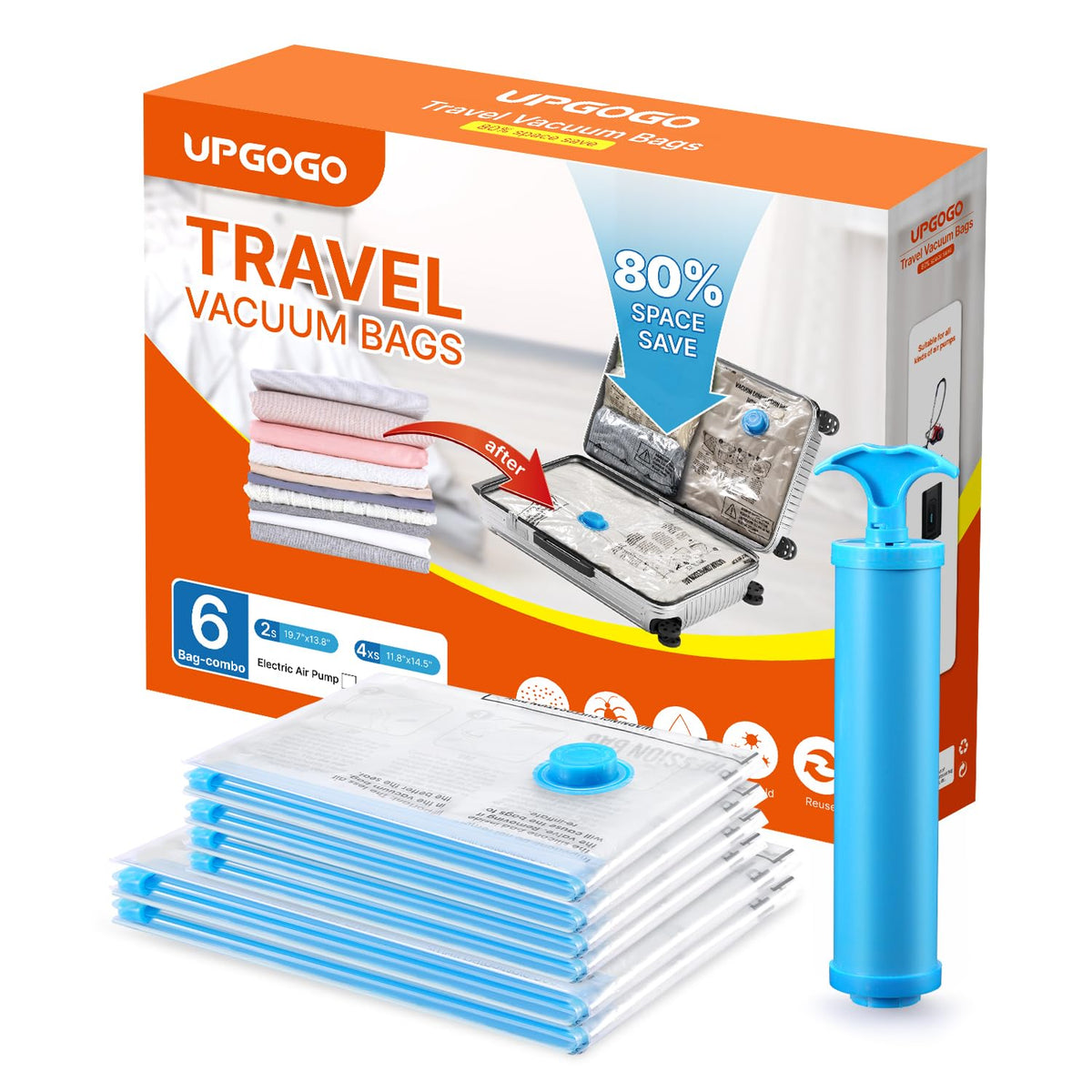 UPGOGO Vacuum Bags for Travel, 12 Pack with Hand Pump, Space Saver Vacuum Storage Bags, Travel Essentials, Clothes, Blankets, Pillows