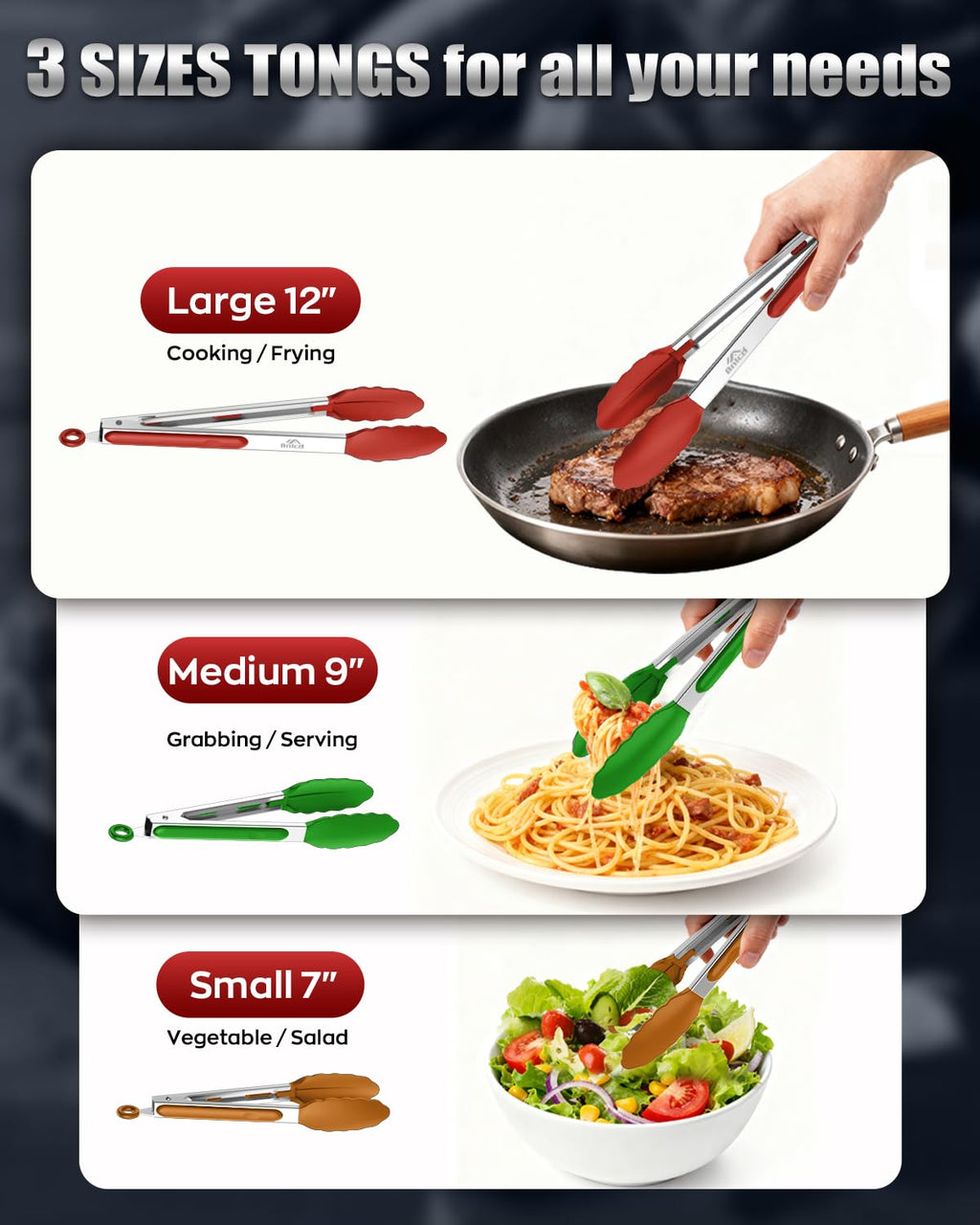 Bnlcd Good Grip Cooking Tongs with Silicone Tips, Set of 3-7" 9" and 12"