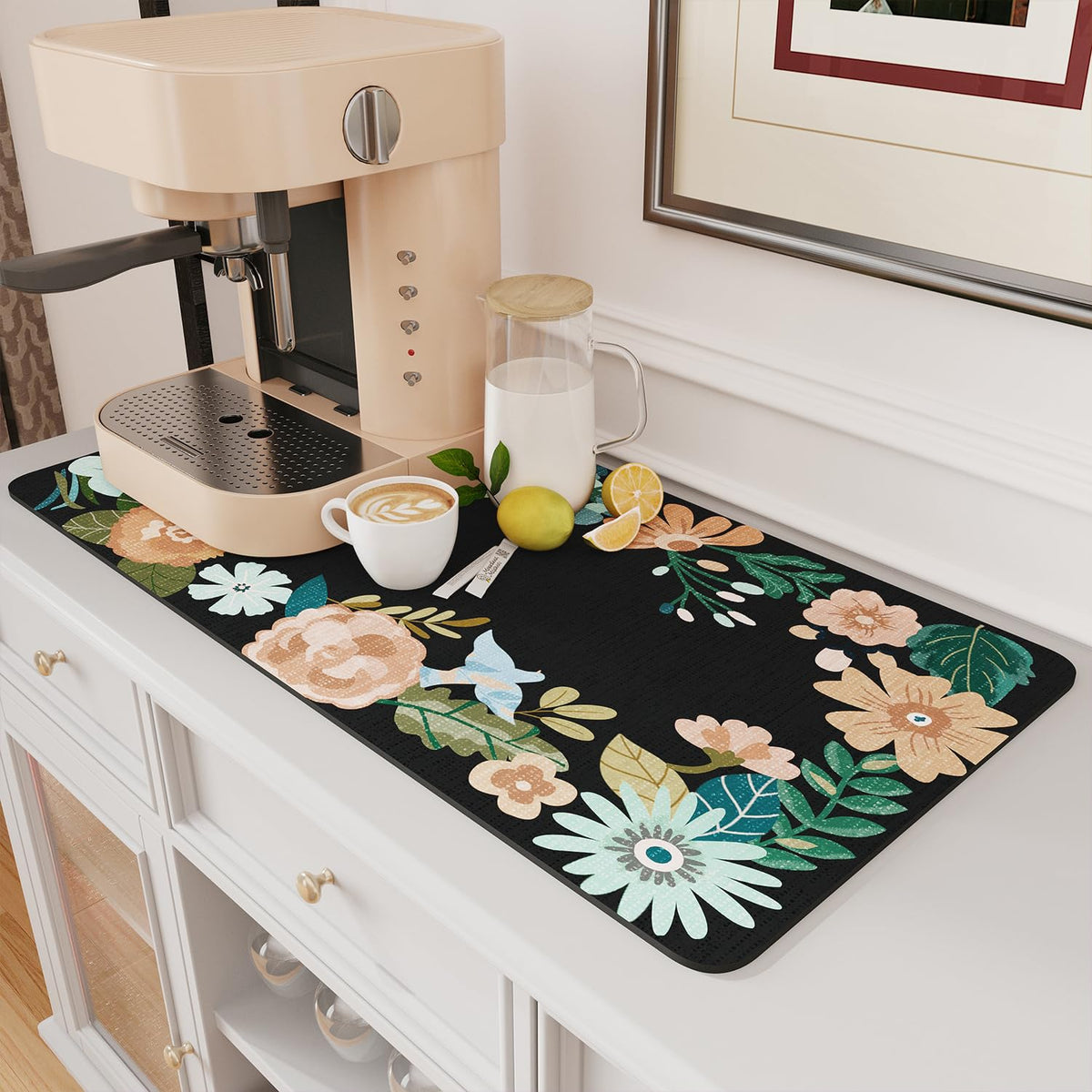 AMOAMI Coffee Mat Hide Stain Rubber Backed Absorbent Dish Drying Mat for Kitchen Counter - Fits Under Coffee Maker - KHAKI 16X24