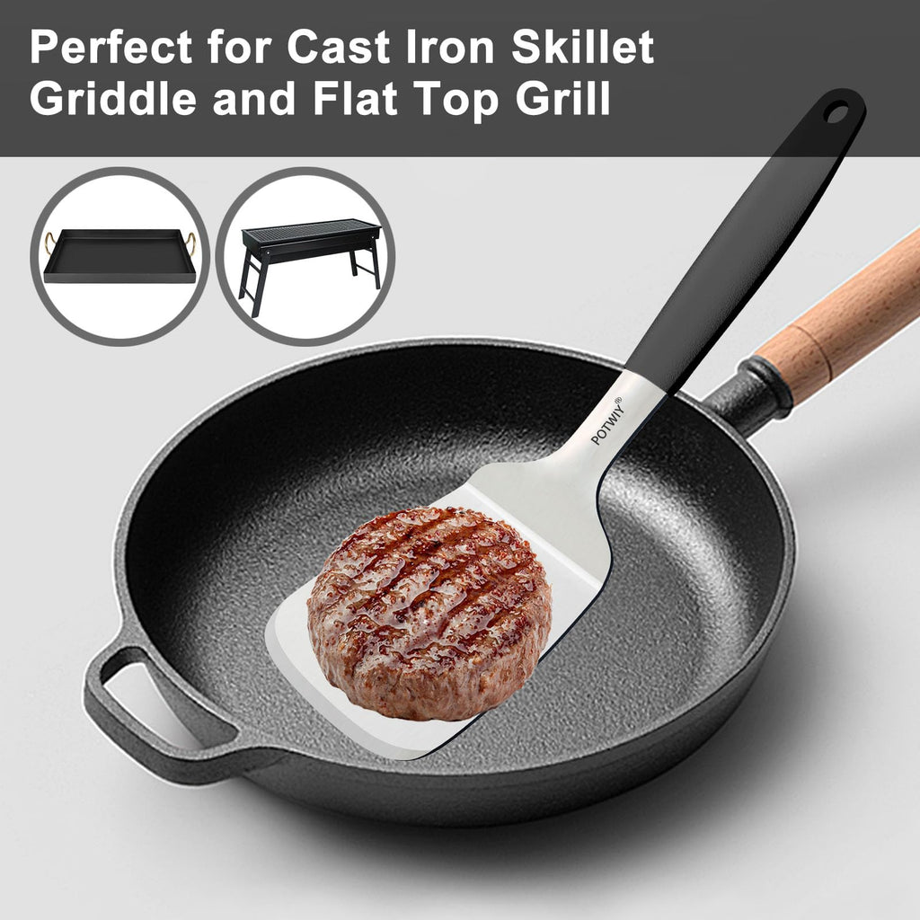 POTWIY Stainless Steel Spatula, Large Metal Spatula for Kitchen and Grilling, Heavy Duty Turner for Cast Iron Skillet with Silicone Handle, Cooking and Flipping Steak, Pancake, Burger, 4.6 x 3.7 In
