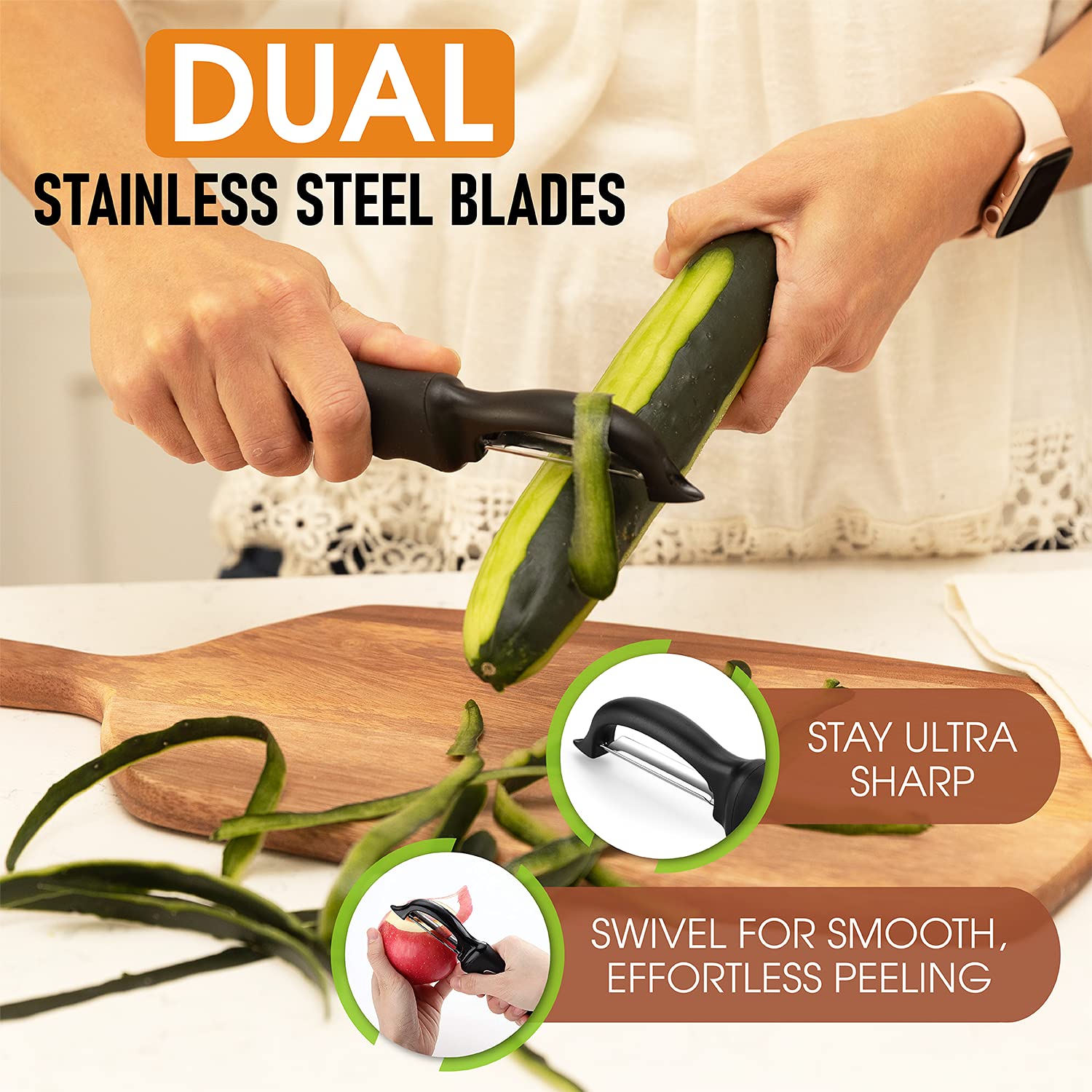 Spring Chef Swivel Vegetable Peeler for Kitchen w/Soft Grip Handle, Black