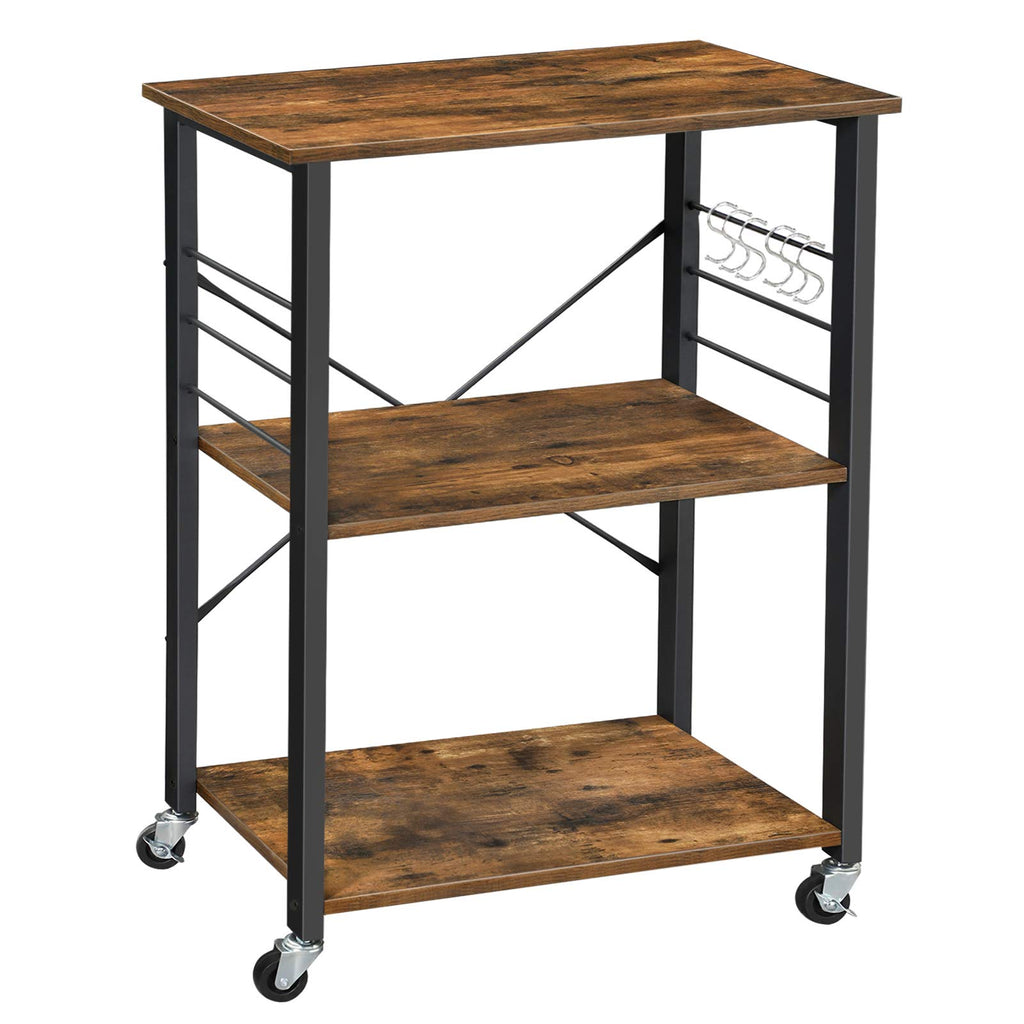 VASAGLE Kitchen Shelf on Wheels, 23.6 Inches Serving Cart with 3 Shelves, Kitchen Cart, Microwave Shelf, for Mini Oven, Toaster, with 6 Hooks, Industrial Style, Rustic Brown and Ink Black UKKS60XV1