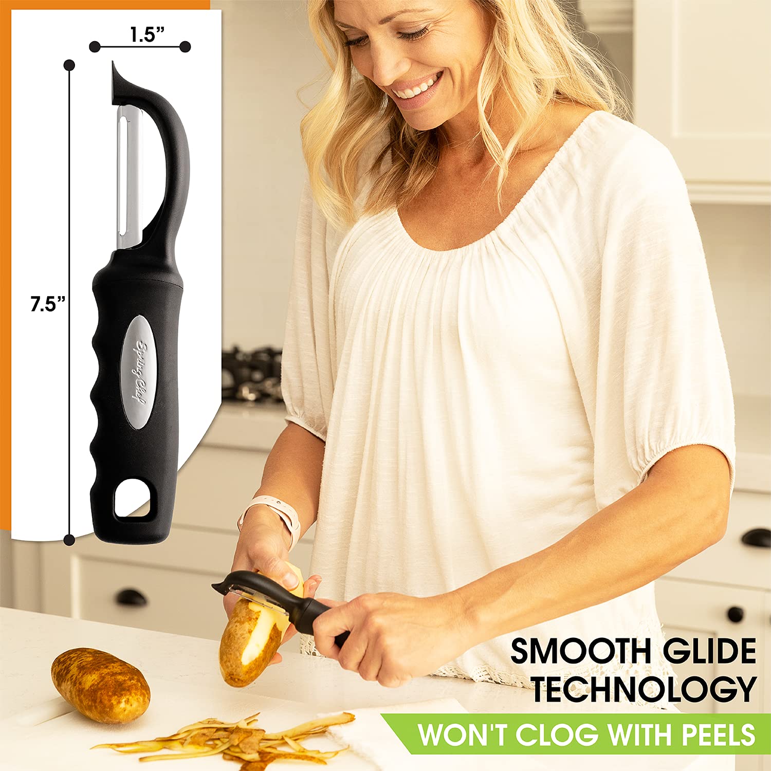 Spring Chef Swivel Vegetable Peeler for Kitchen w/Soft Grip Handle, Black