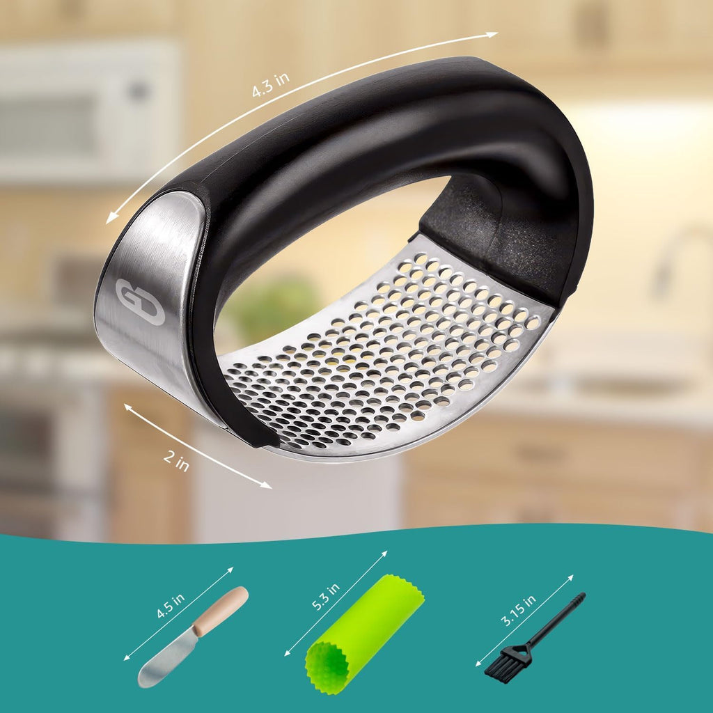 Garlic Press Rocker – Stainless Steel Garlic Mincer, Crusher & Chopper Tool with Peeler, Spatula & Brush – Easy-Press Garlic Press for Mincing Cloves, Ginger & Nuts, Comfortable Ergonomic Handle