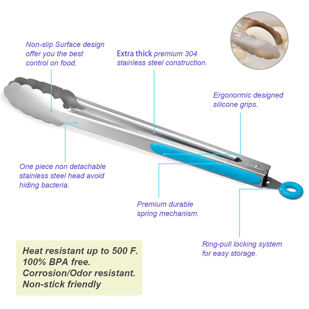 Premium 304 Stainless Steel Tongs Set – 12" Grill Tongs & 9" Cooking Tongs, Heat Resistant up to 600°F, Wavy Grip Head, Non‑Slip Handle with Locking Clip & Hanging Loop, Dishwasher Safe, Blue